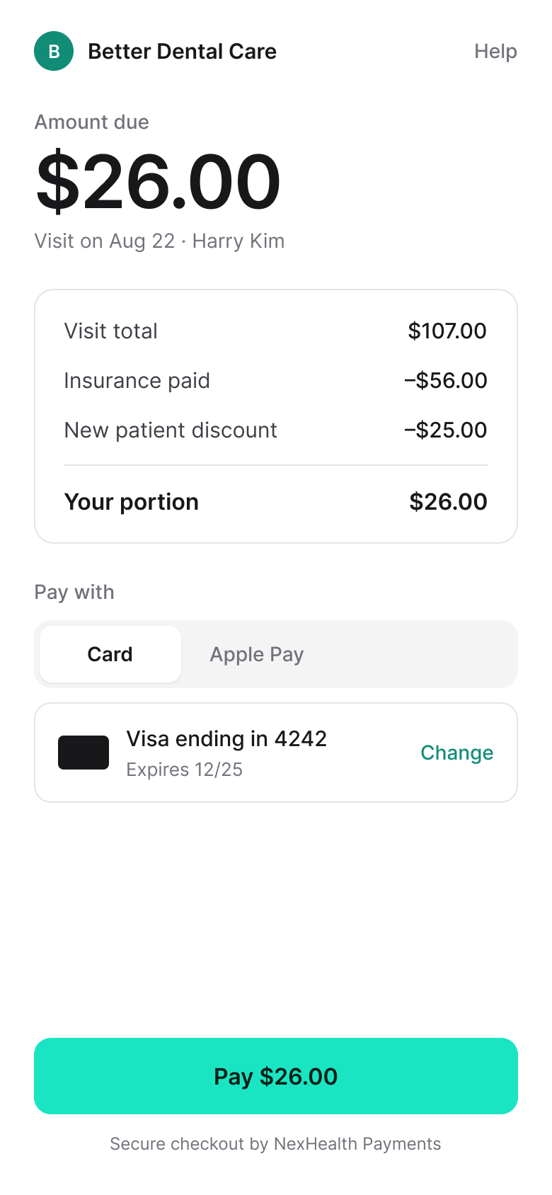 NexHealth patient payment page on a phone showing the amount due, insurance paid, the patient portion and a Pay button