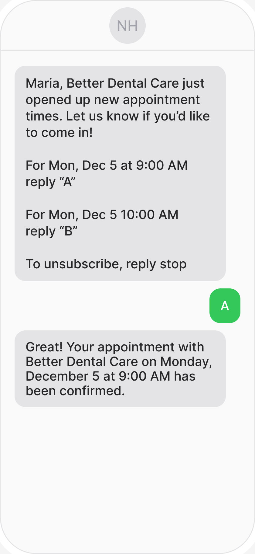 Text thread where NexHealth offers a patient two earlier appointment times and confirms the one she picks