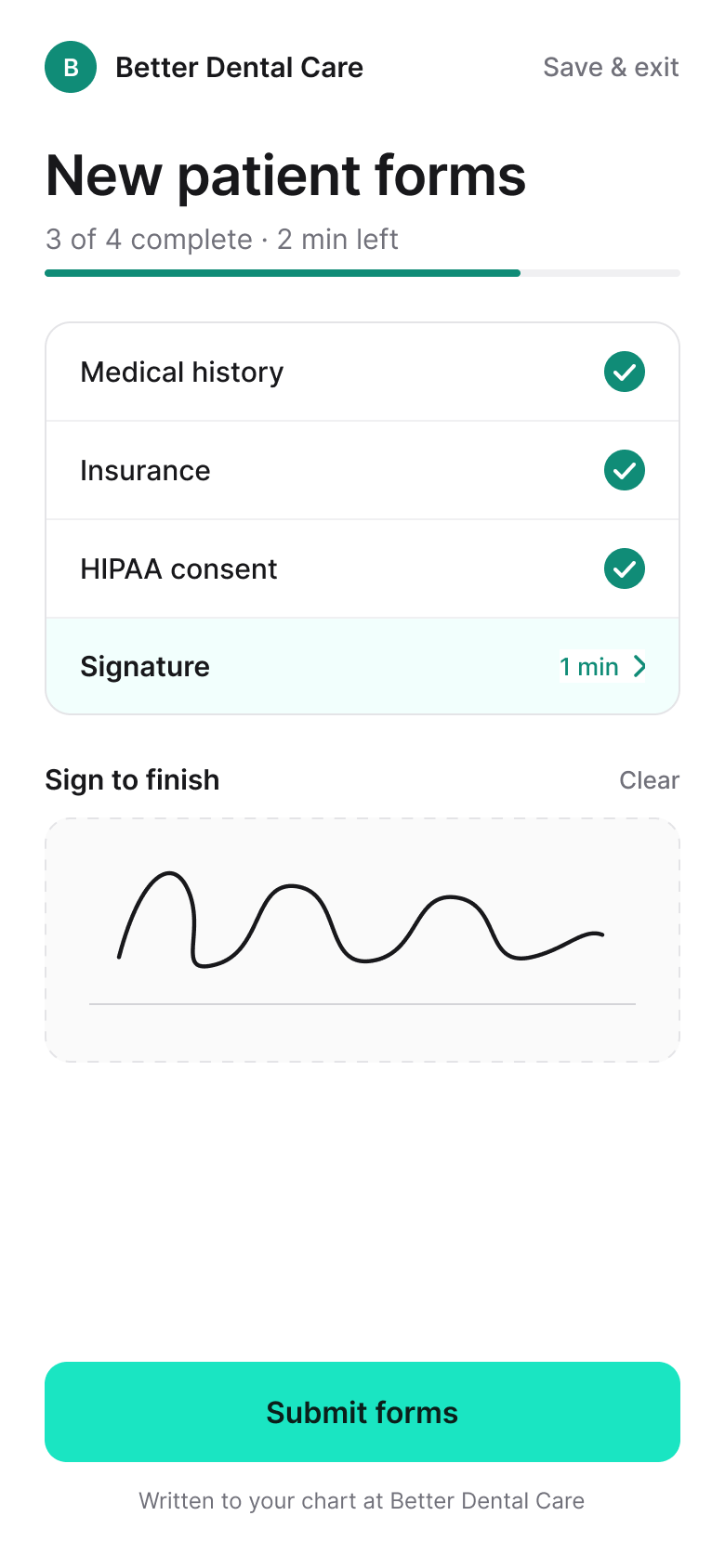 NexHealth patient forms on a phone with medical history, insurance and consent complete and a signature step