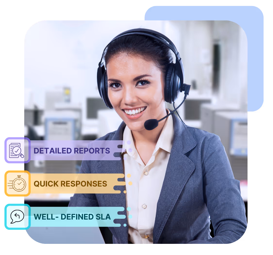 Smiling woman wearing a headset and blazer in an office setting with overlay text: detailed reports, quick responses, well-defined SLA.