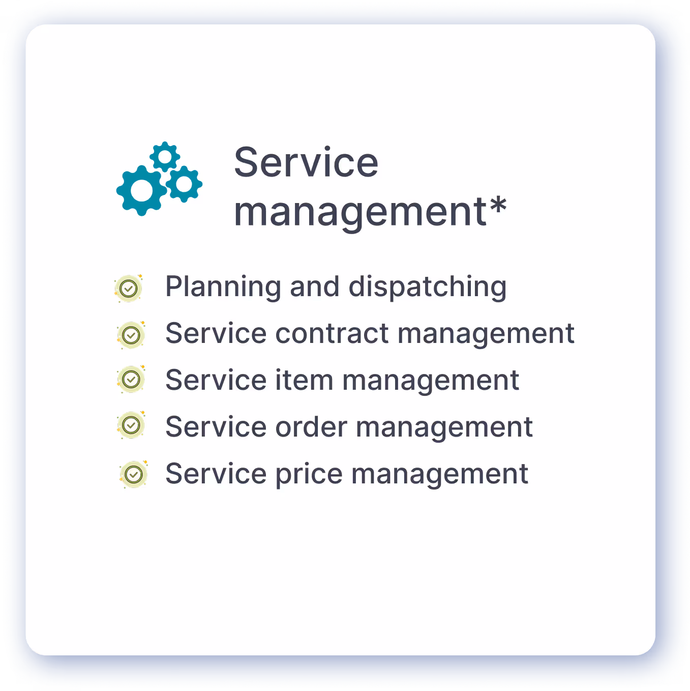 Service management with a gear icon and a checklist of planning and dispatching, service contract, item, order, and price management.