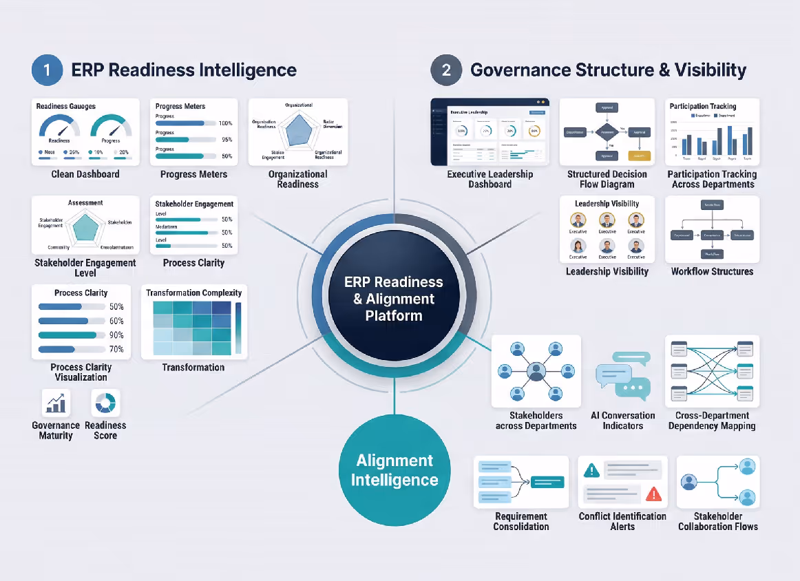 Diagram showing ERP Readiness and Alignment Platform divided into two main pillars: ERP Readiness Intelligence with elements like clean dashboard, progress meters, organizational readiness, stakeholder engagement, process clarity, transformation, governance maturity, and readiness score; and Governance Structure & Visibility with elements like executive leadership dashboard, structured decision flow diagram, participation tracking, leadership visibility, workflow structures, stakeholders across departments, AI conversation indicators, cross-department dependency mapping, requirement consolidation, conflict identification alerts, and stakeholder collaboration flows, all connected to Alignment Intelligence.