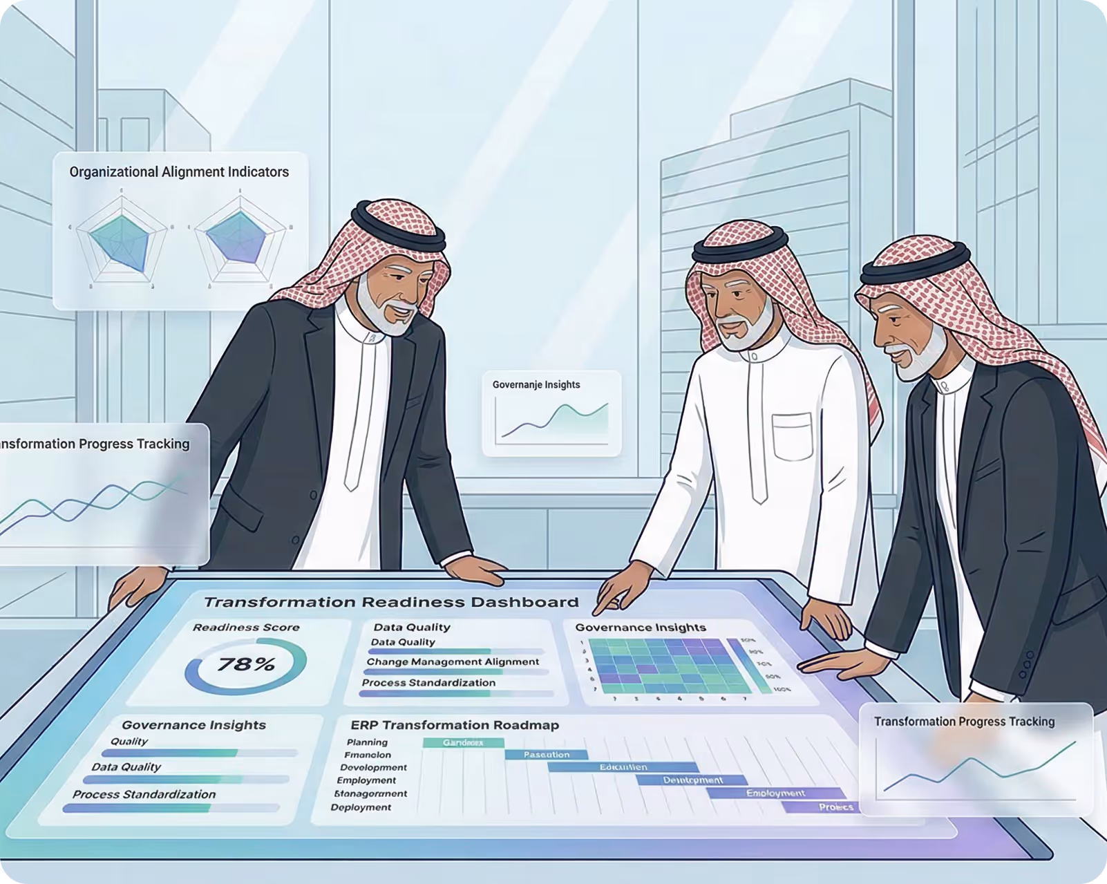 Three men in traditional Middle Eastern attire and business suits analyzing a large digital Transformation Readiness Dashboard with charts and progress tracking in a modern office.