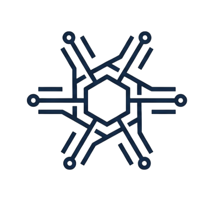 Abstract hexagon shape with interconnected circuit-like lines radiating outward.