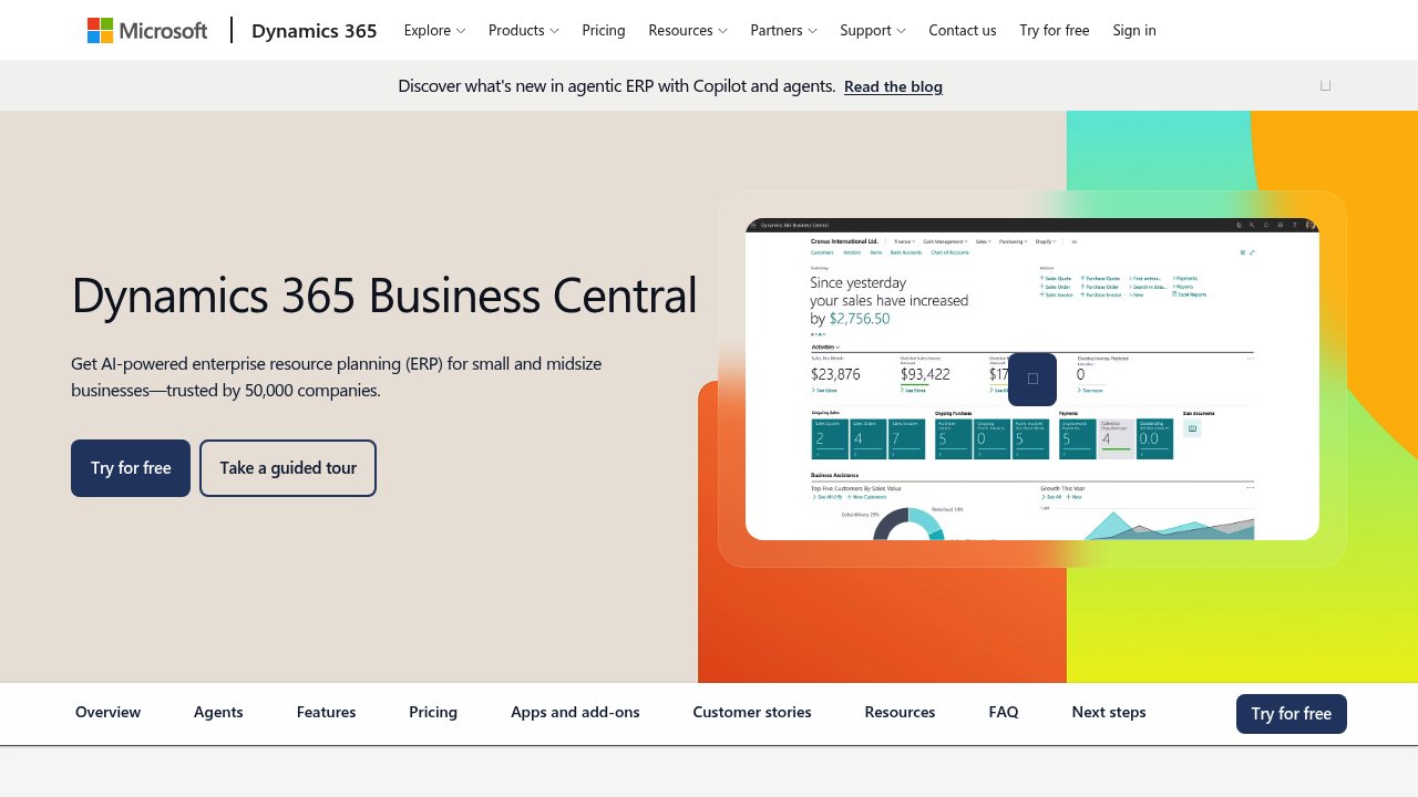 Microsoft Dynamics 365 Business Central platform overview showing manufacturing and reporting capabilities for mid-market manufacturers