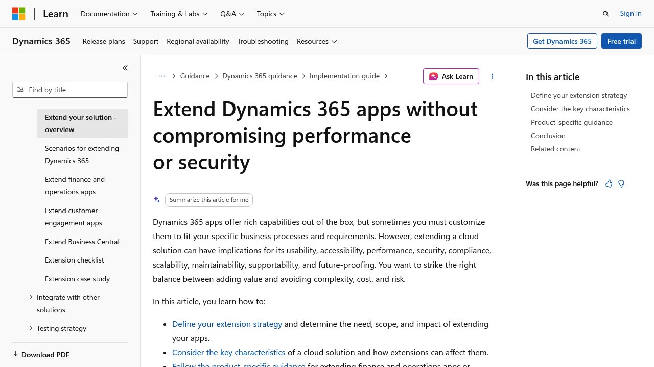 Microsoft Dynamics 365 extensibility guidance showing configuration-first approach for Finance and Operations customisation governance