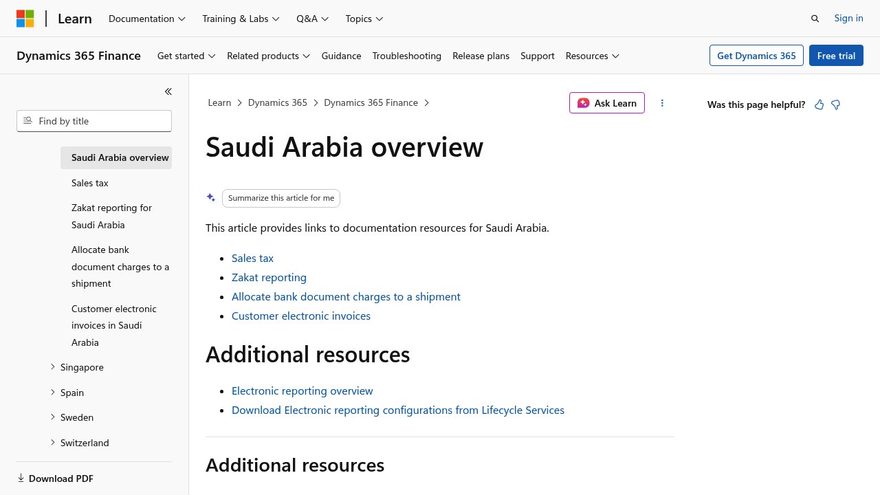 Microsoft Dynamics 365 Finance Saudi Arabia localisation overview showing ZATCA e-invoicing and VAT compliance requirements for partner evaluation