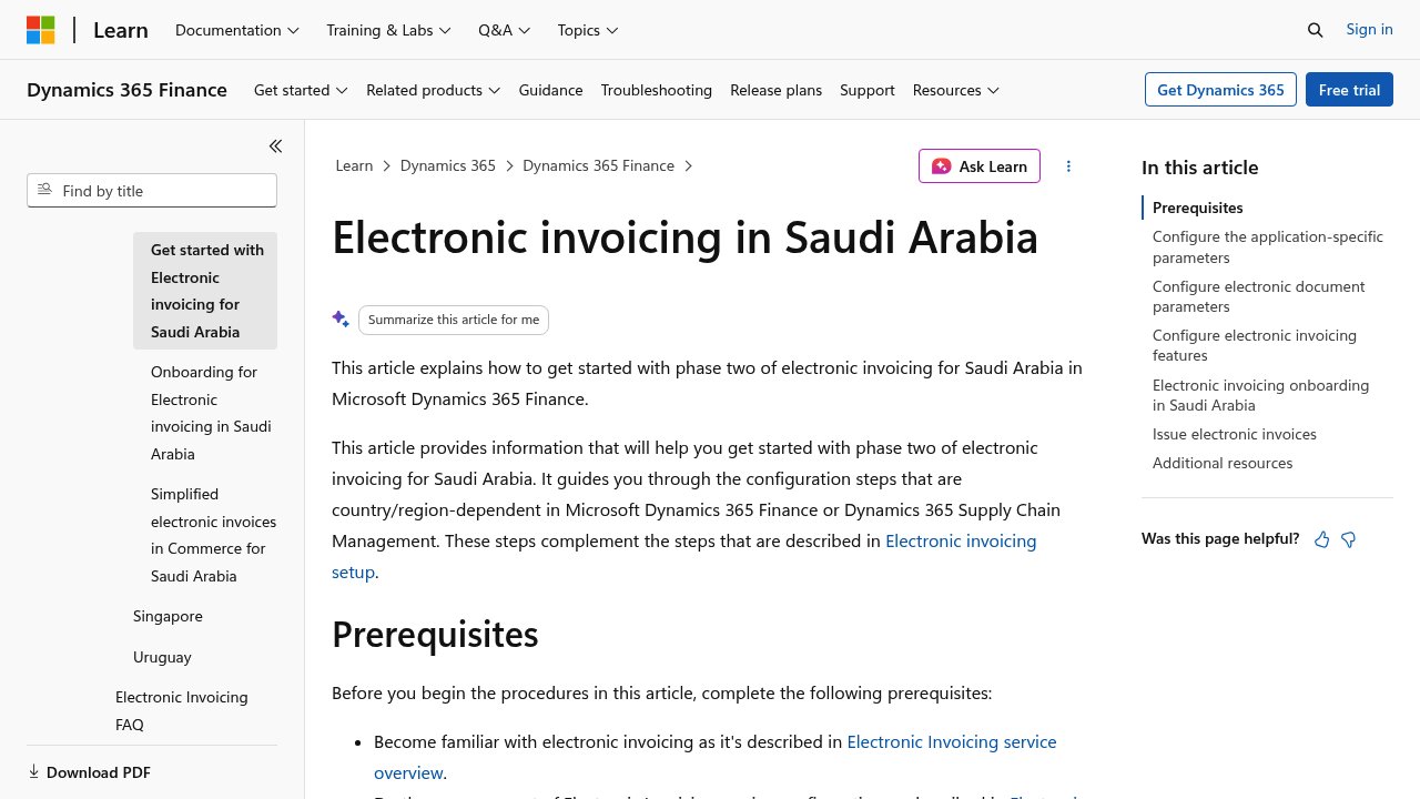 Microsoft Learn guide for Dynamics 365 Finance ZATCA Phase 2 e-invoicing onboarding in Saudi Arabia