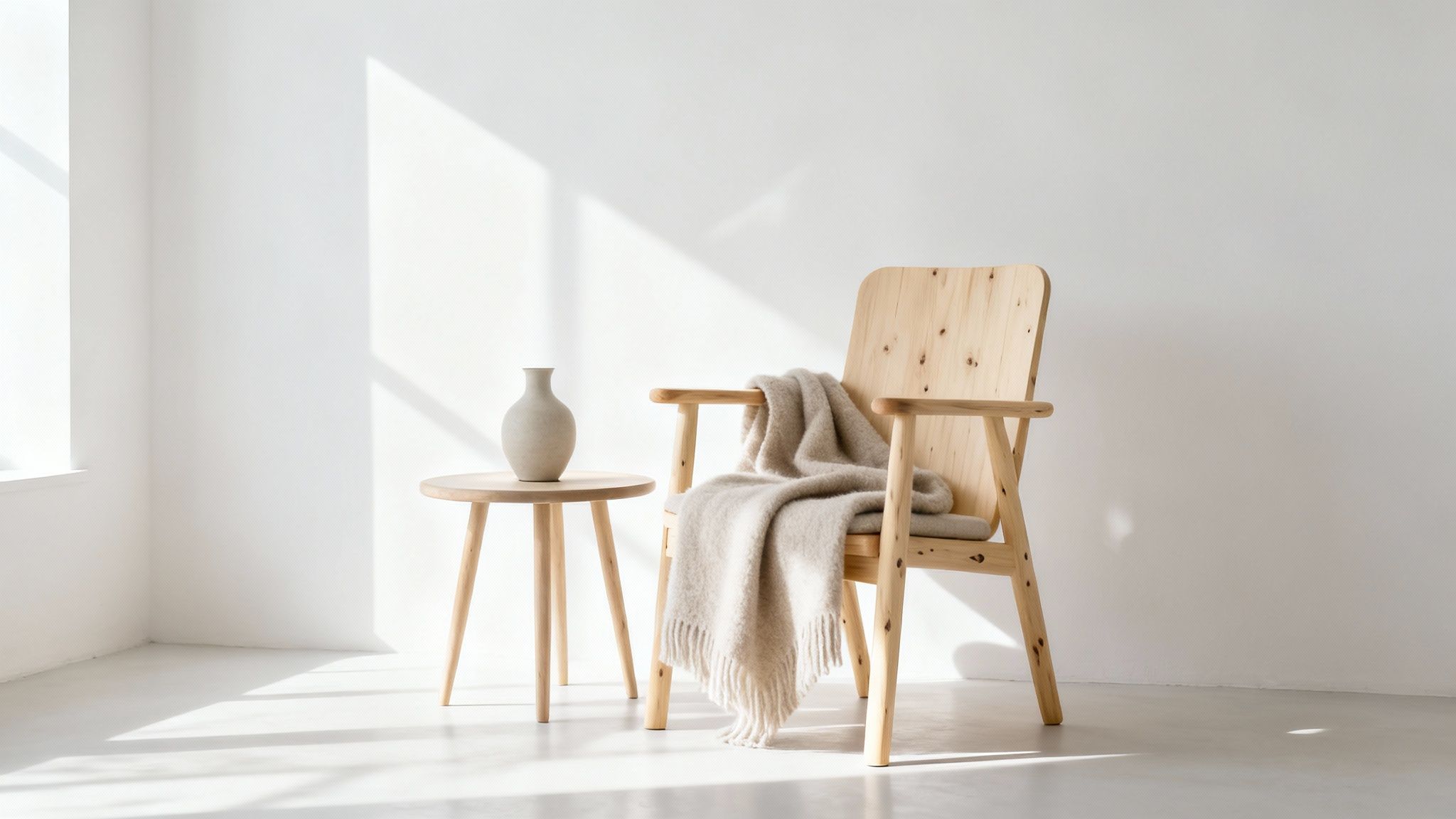 A serene minimalist room featuring a light wood armchair, a soft beige blanket, and a vase on a side table.