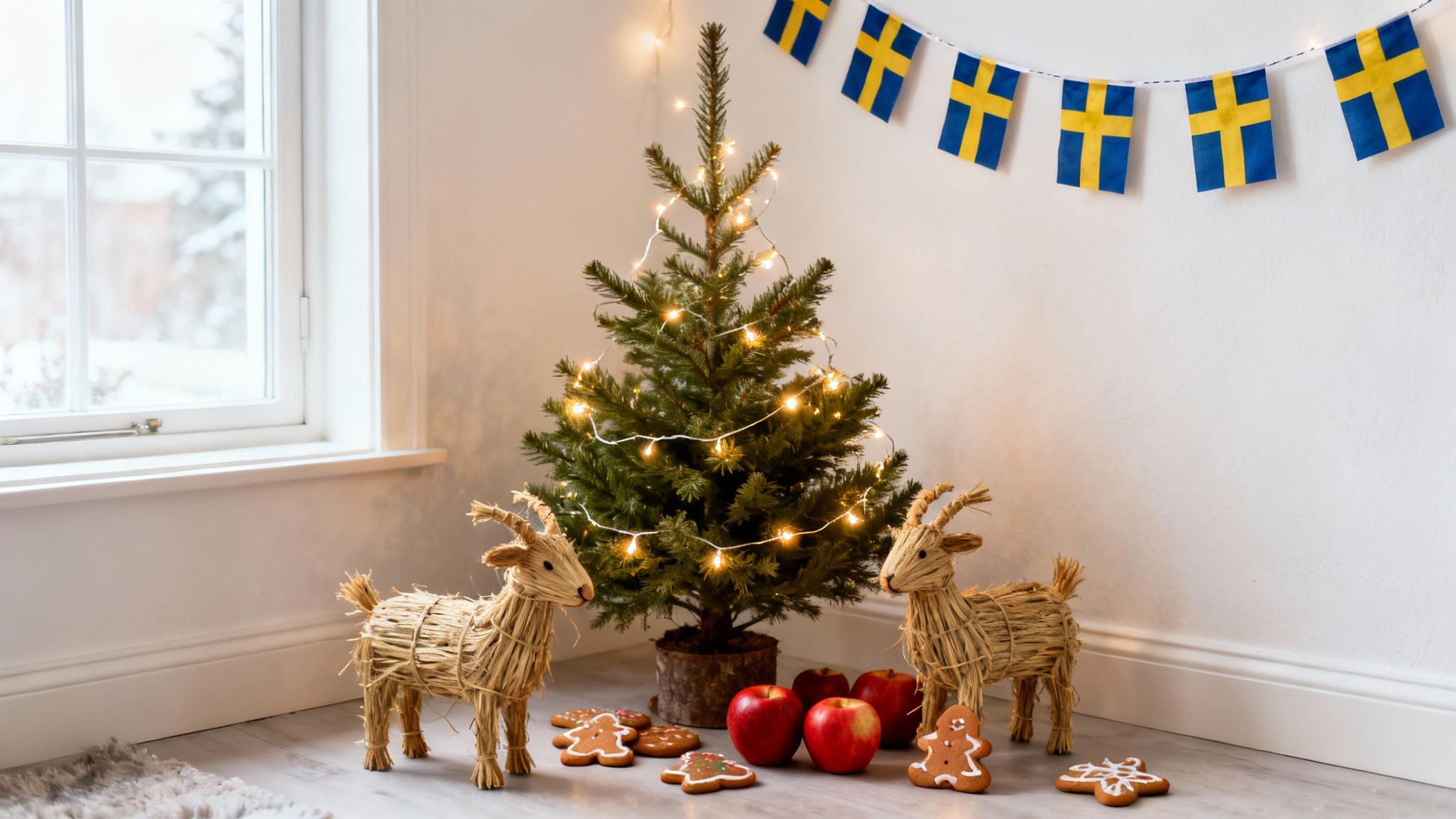 A festive Swedish scene featuring a lit tree, straw goats, gingerbread, and flags.
