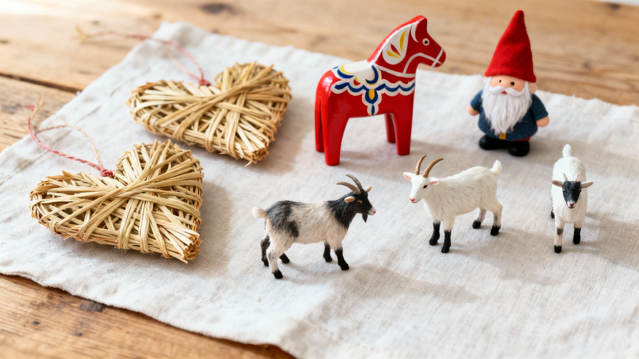 Swedish Christmas decorations: straw hearts, a Dala horse, a gnome, and small farm animal figures.
