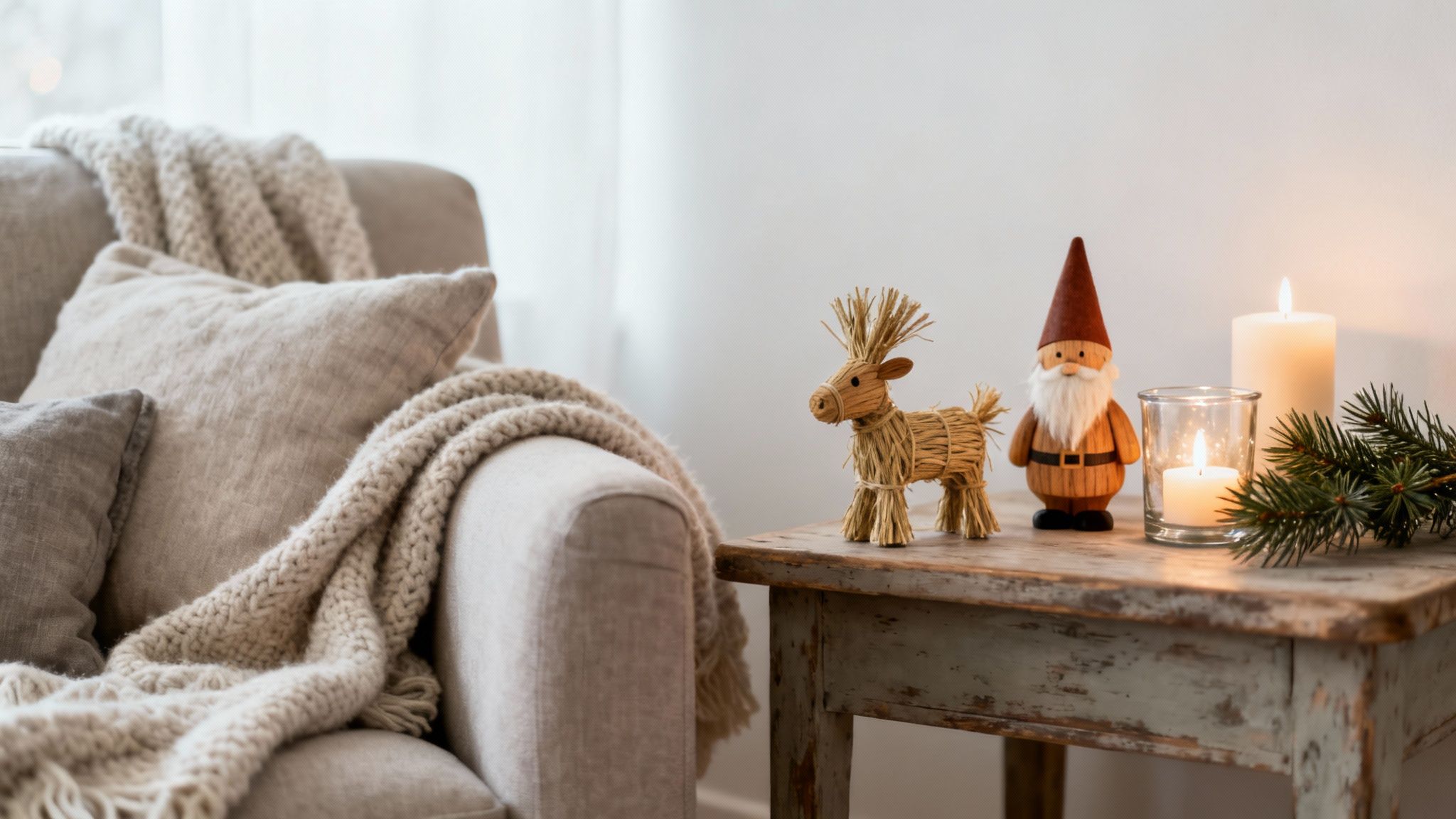 A cozy indoor scene with an armchair and a side table adorned with Swedish Christmas decorations.