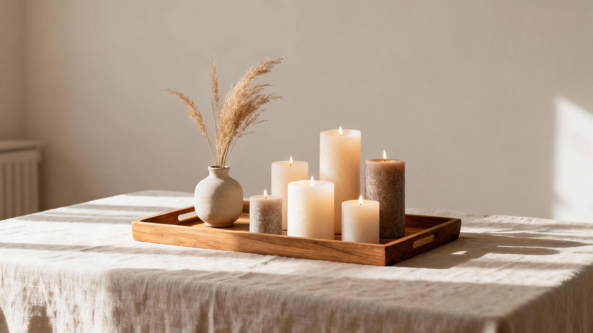 A wooden tray with dried grass in a vase and six lit candles on a linen table.