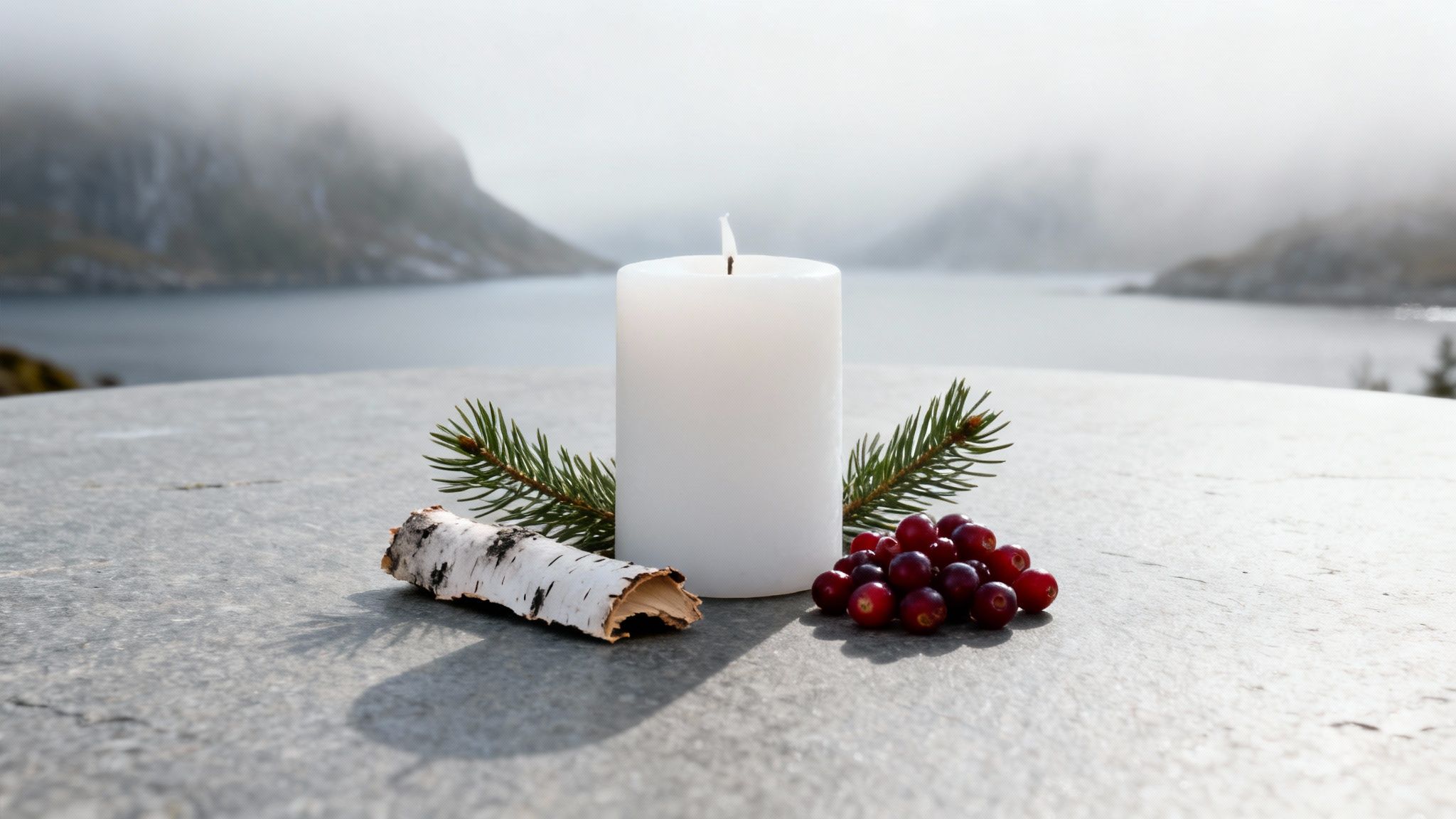 A white candle with evergreen branches, birch bark, and cranberries on a stone table, overlooking a foggy fjord.