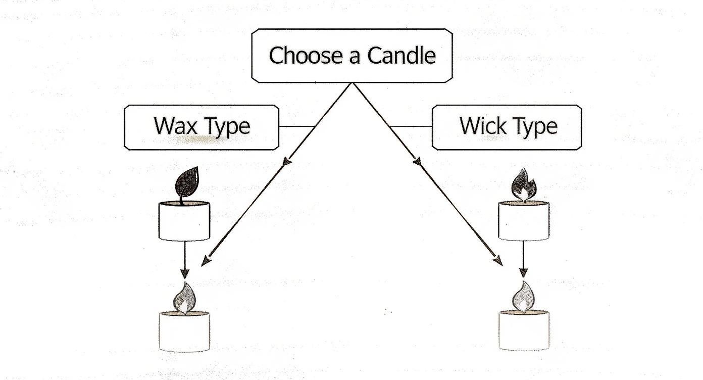 Flowchart for selecting candle features: wax type and wick type options.