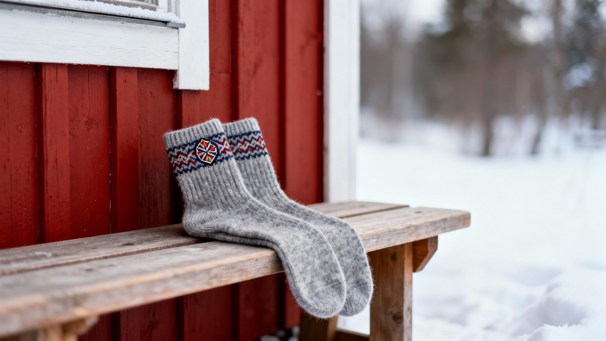 A pair of grey knitted socks with colorful patterns resting on a wooden bench outside a red cabin in a snowy landscape.