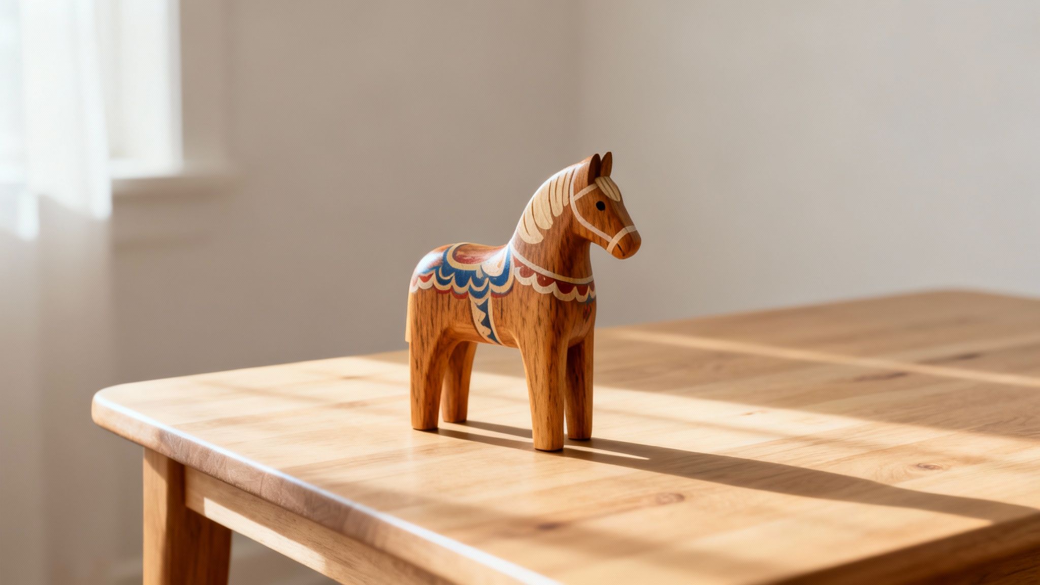 A beautiful wooden Dala horse, painted with traditional patterns, sits on a sunlit wooden table.