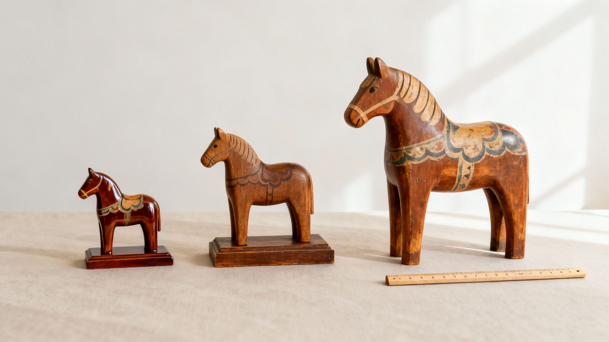 Three decorative wooden horse figurines, varying in size, displayed on a light surface with a ruler.