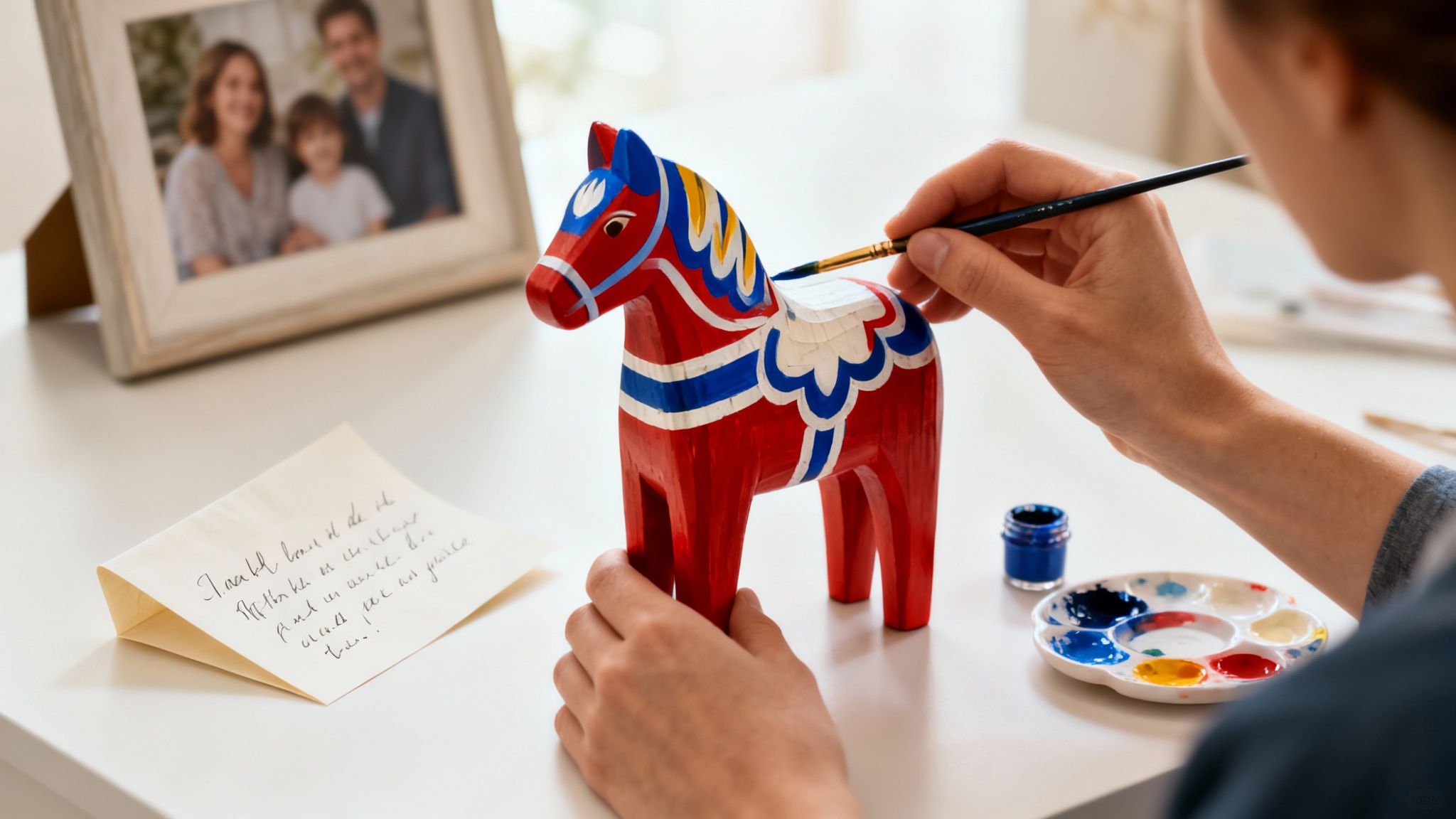 Person carefully painting a colorful Dala horse, with a family photo and handwritten note nearby.