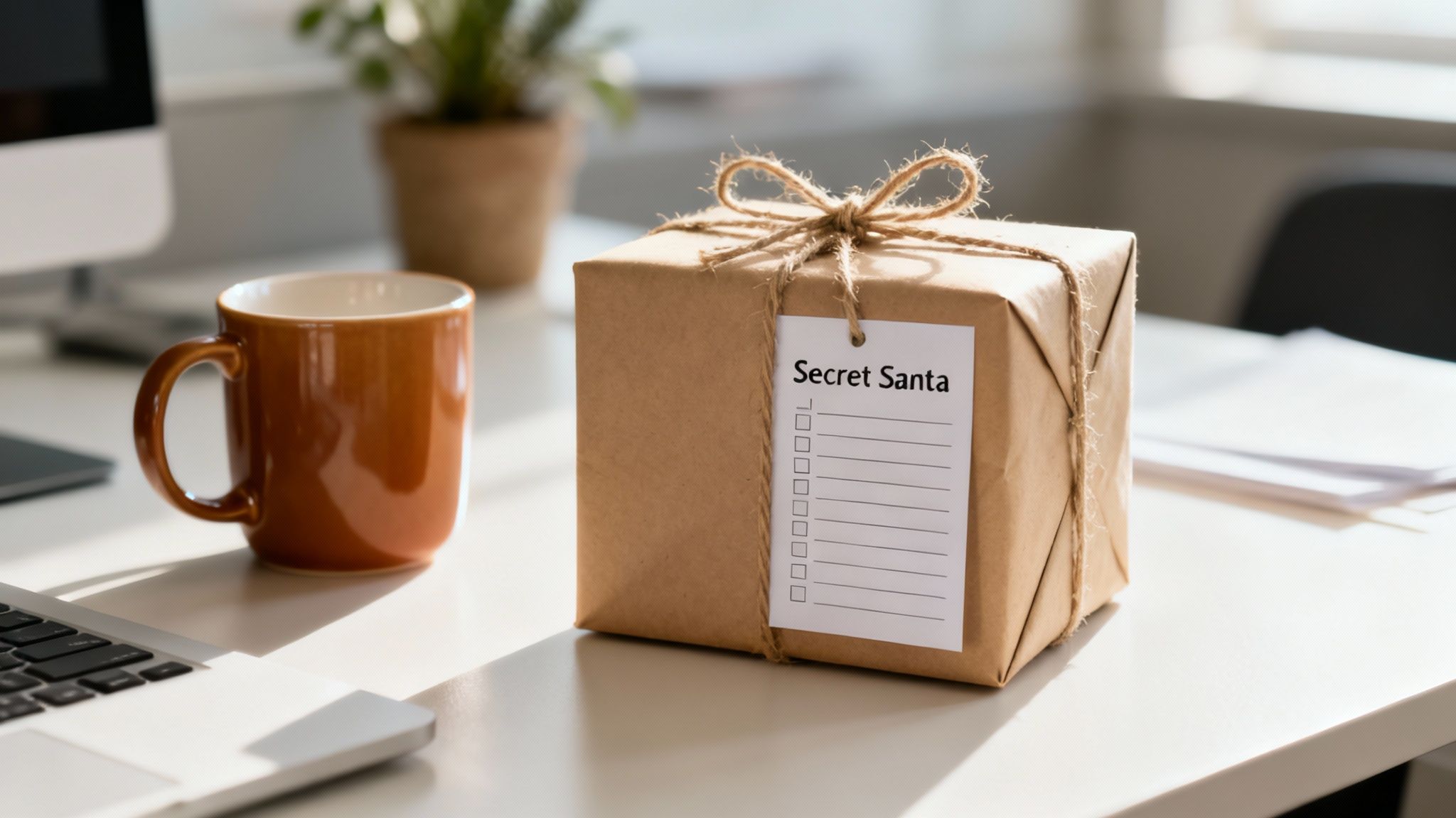 Secret Santa gift box wrapped in brown paper on an office desk with a mug and laptop.