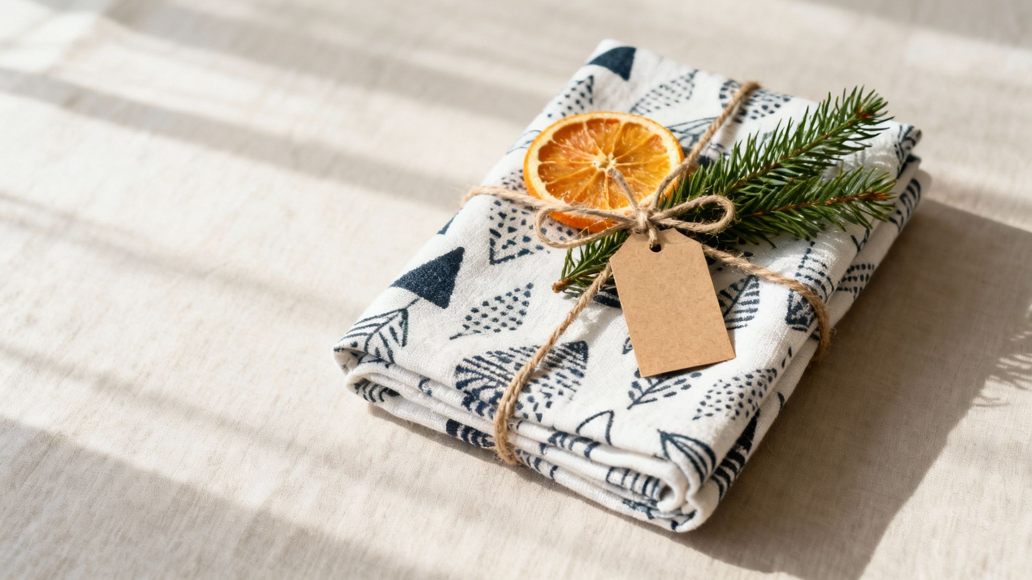 A neatly folded cloth with tree patterns, tied with twine, a dried orange slice, fir branch, and blank gift tag.