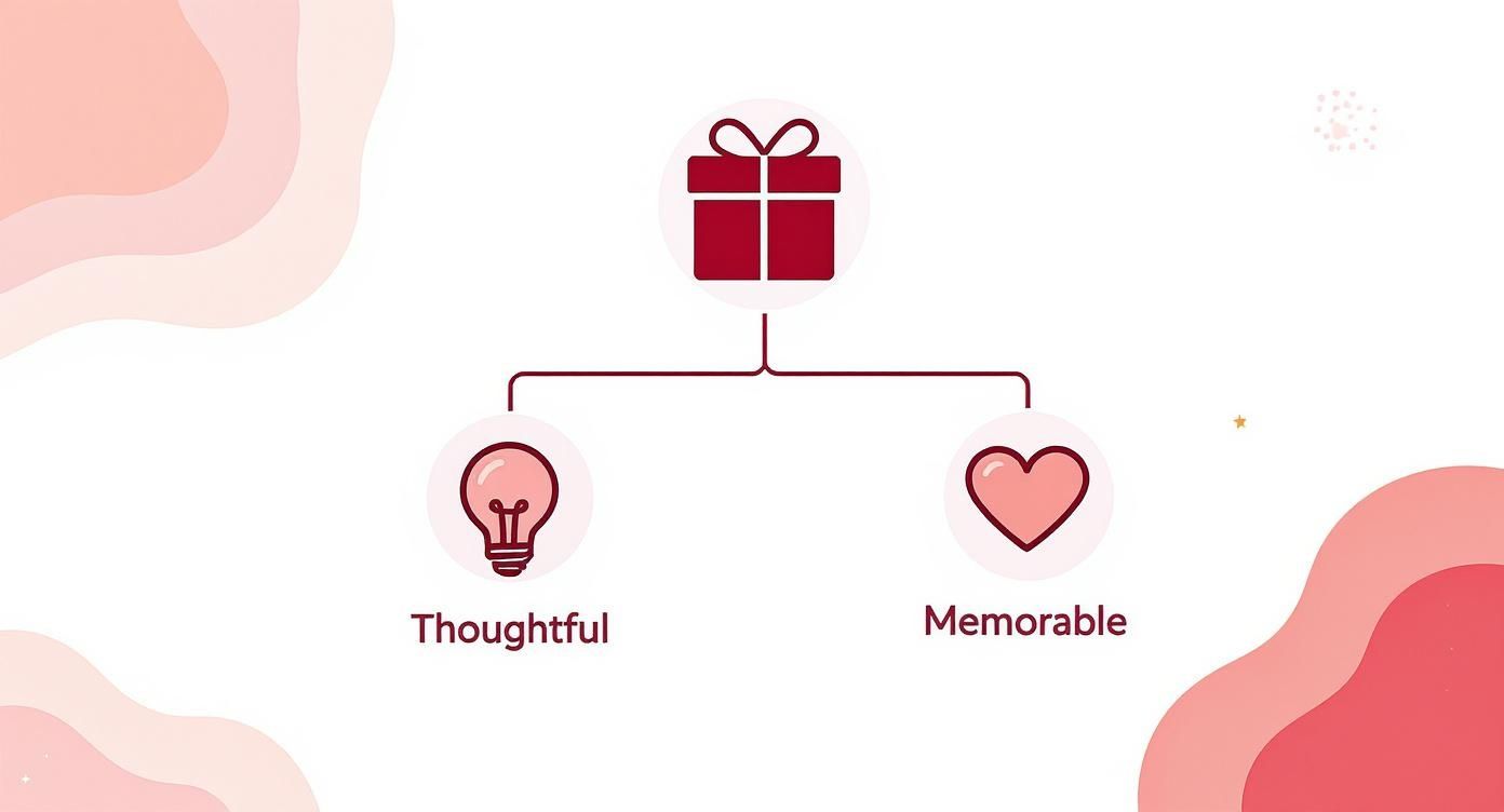 An infographic showing a gift box icon branching to a lightbulb for 'Thoughtful' and a heart for 'Memorable'.