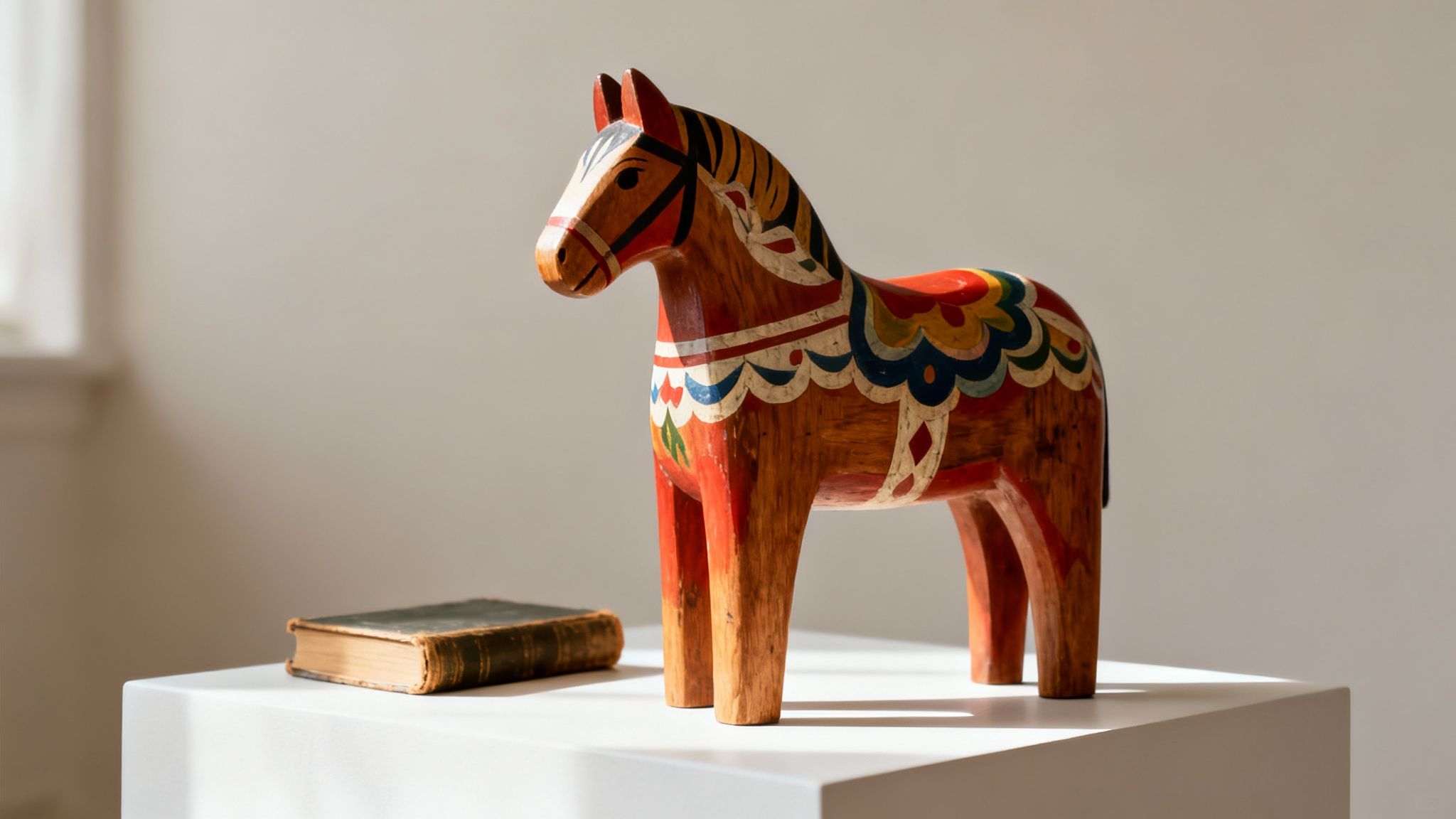 A vibrant Dala horse figurine and an antique book rest on a modern white pedestal.