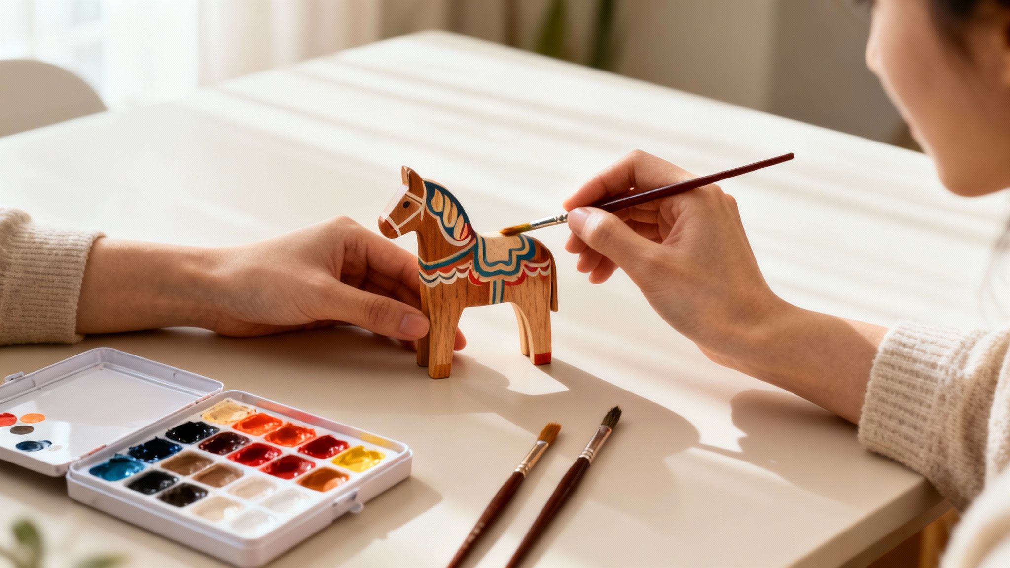 Person's hands painting a patterned wooden Dala horse figurine with watercolors on a table.