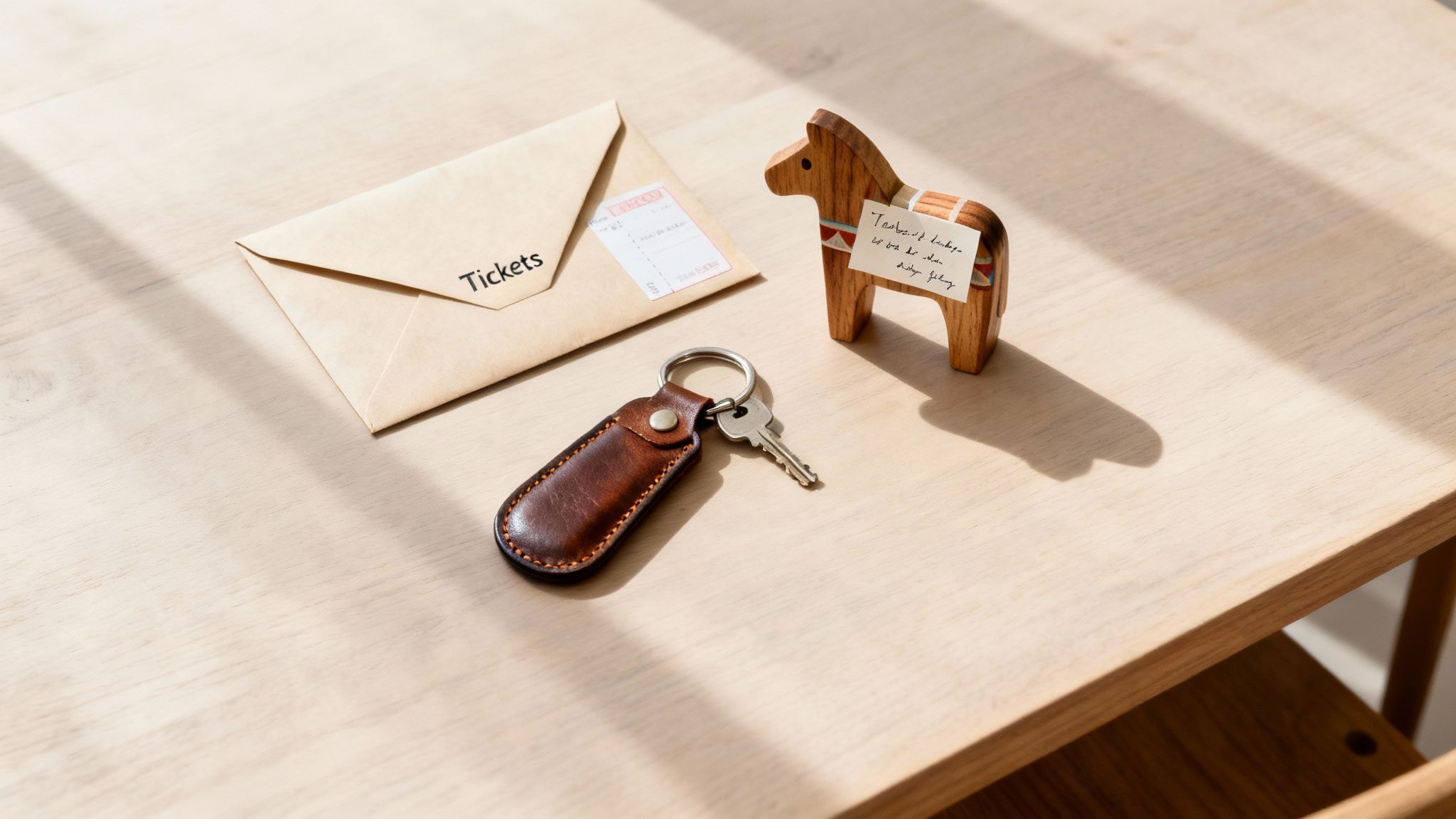 A brown envelope with 'Tickets', a key on a leather keychain, and a wooden Dala horse on a table.