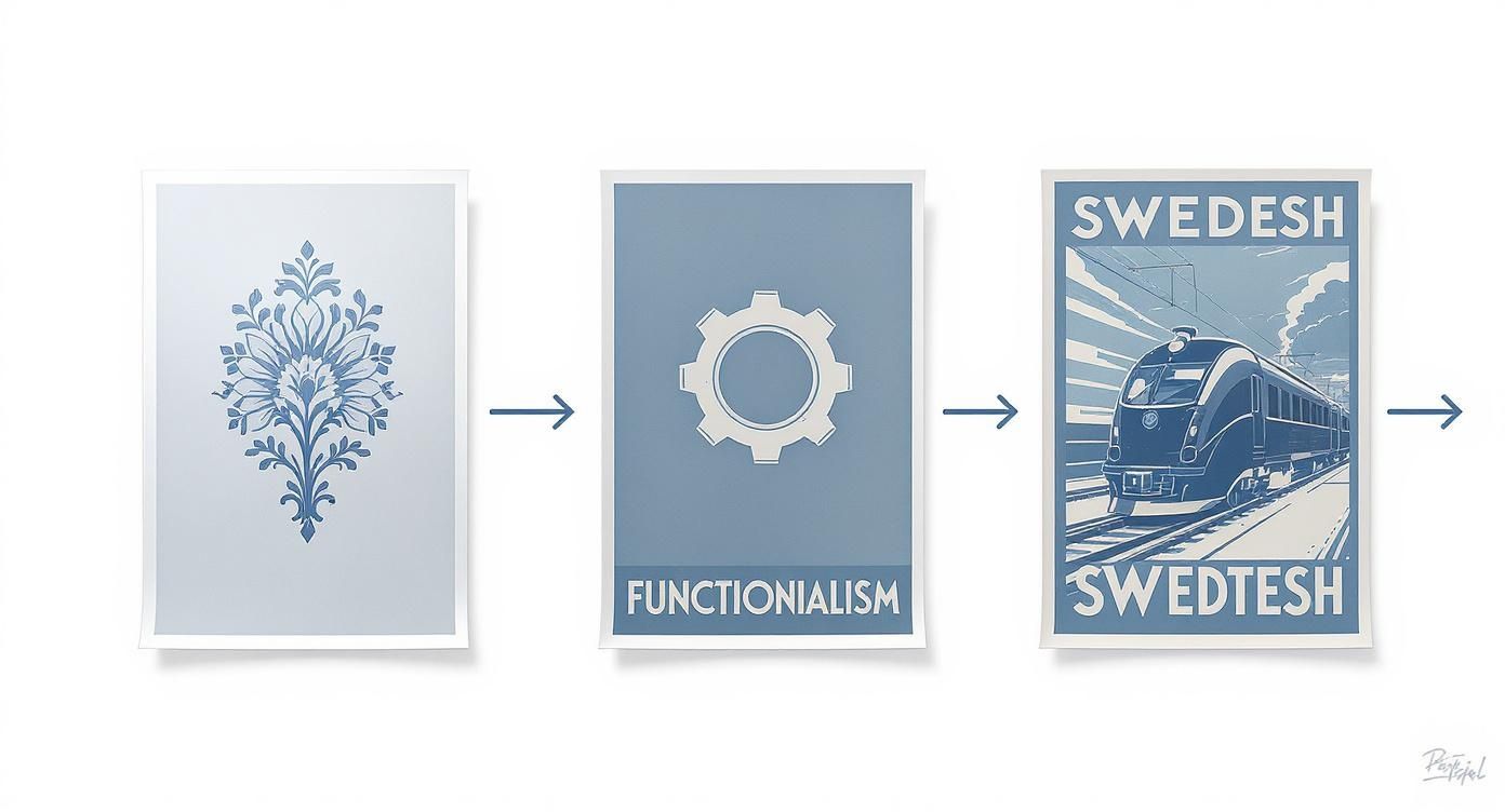 Three posters depict the evolution of Swedish design, from ornamental floral to functionalist gear and a modern train.