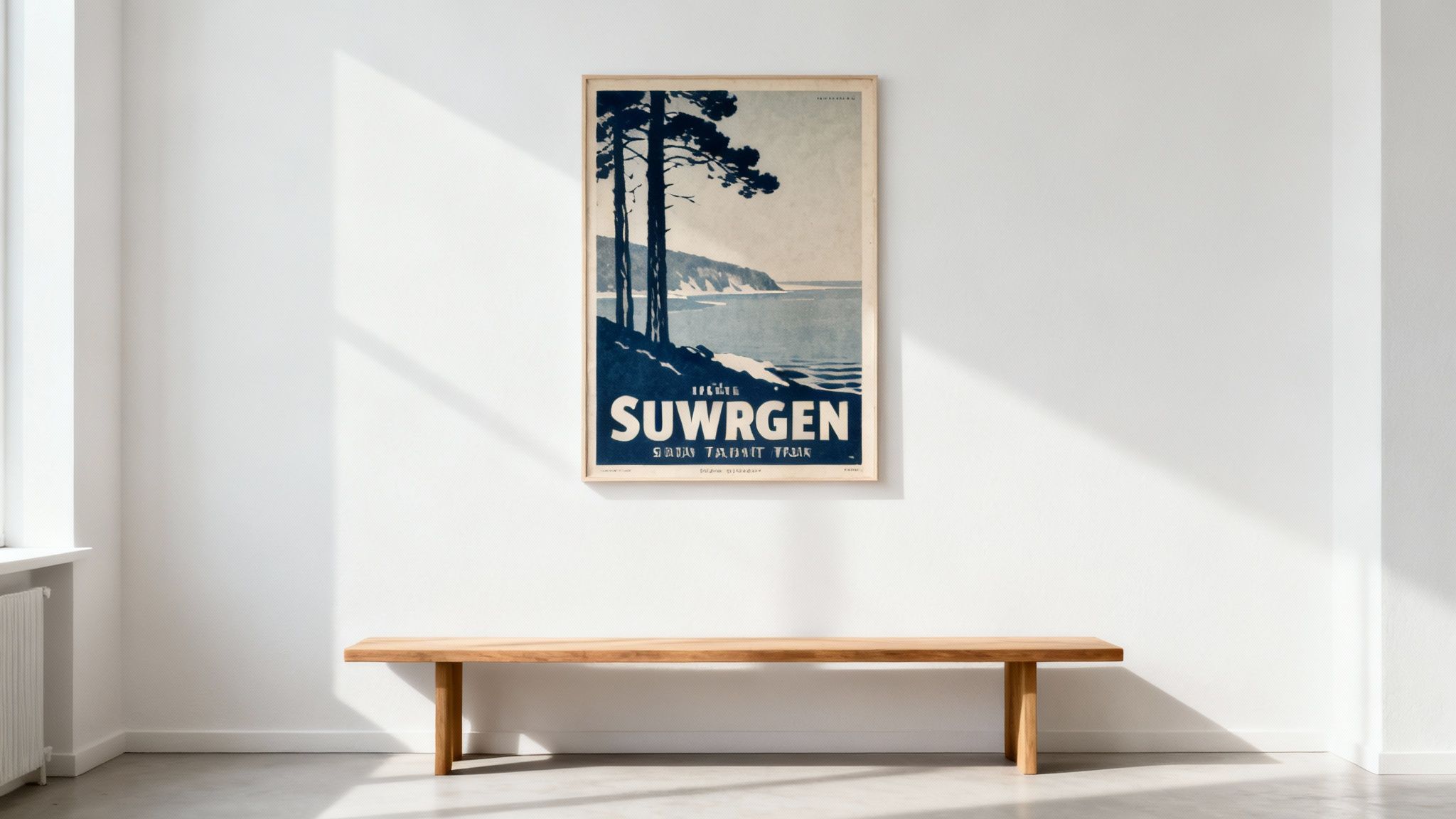 A framed vintage travel poster with blue trees and a sea view hangs above a wooden bench.