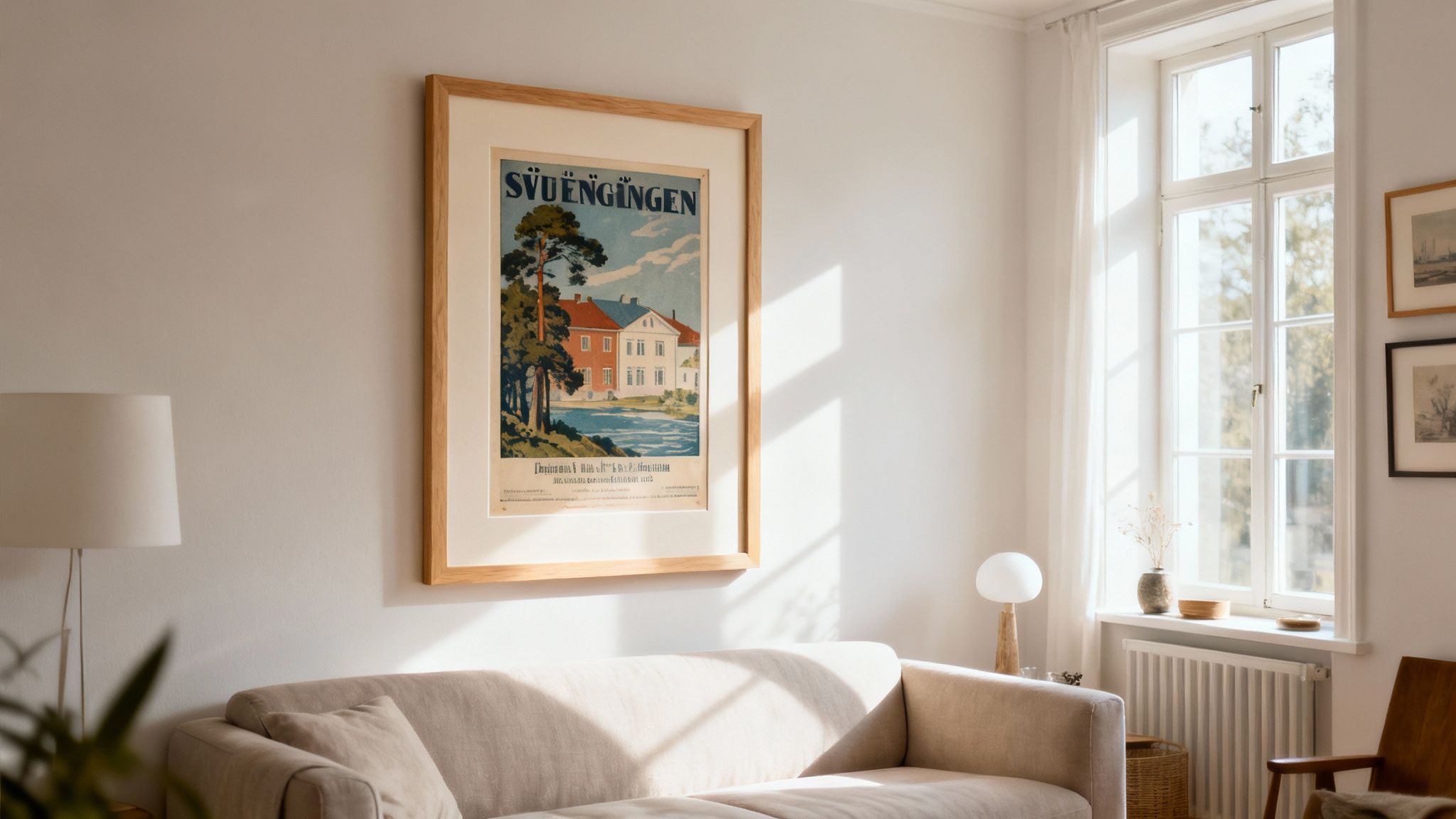 A vintage travel poster of Svuengingen in a wooden frame above a beige sofa in a bright living room.
