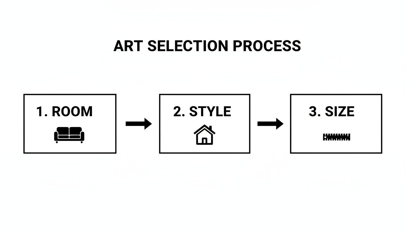 Flowchart illustrating the art selection process: 1. Room with a sofa, 2. Style with a house, and 3. Size with a ruler icon.