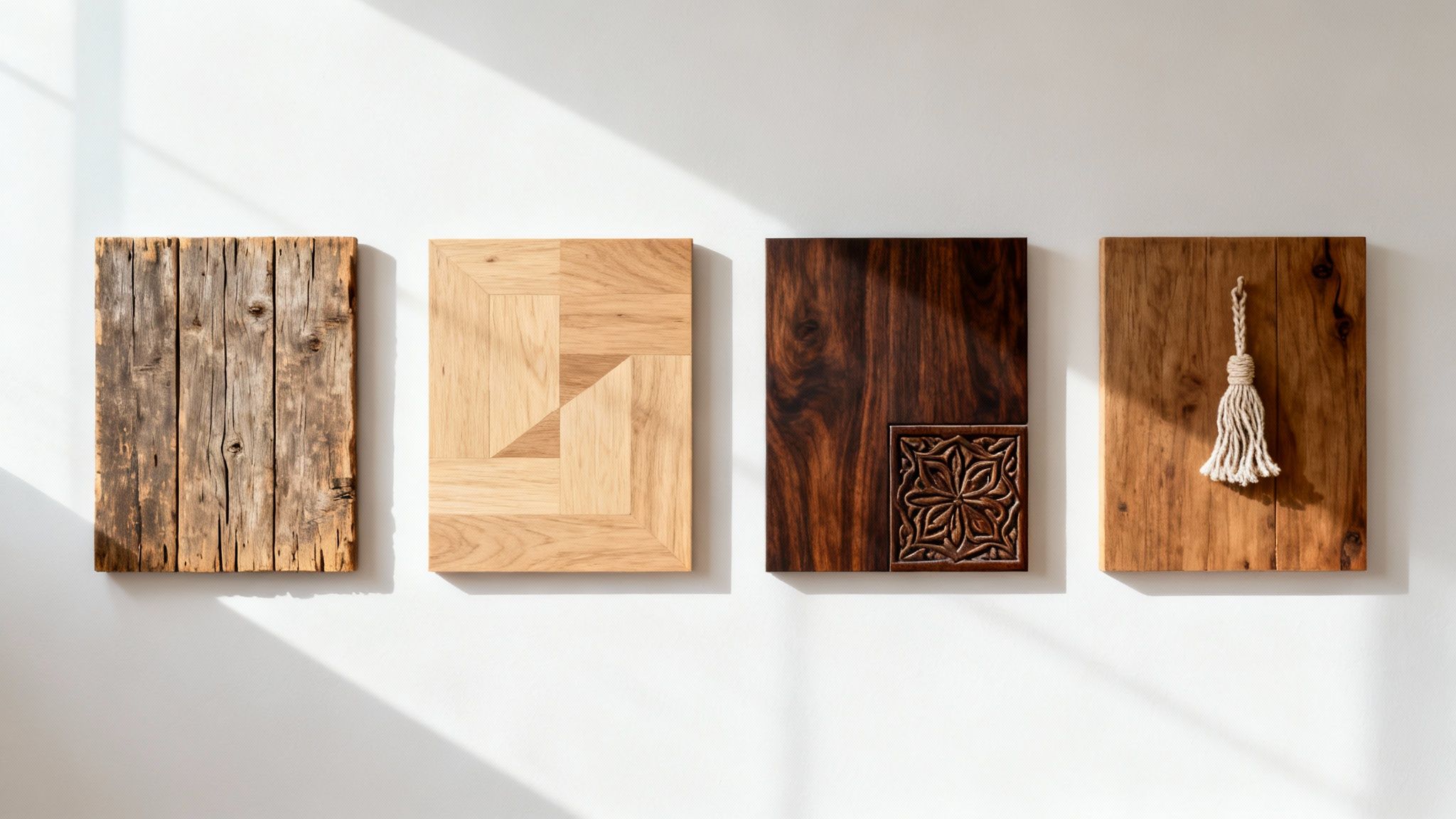 Four unique wooden wall art pieces displaying natural, geometric, carved, and tassel designs on a wall.