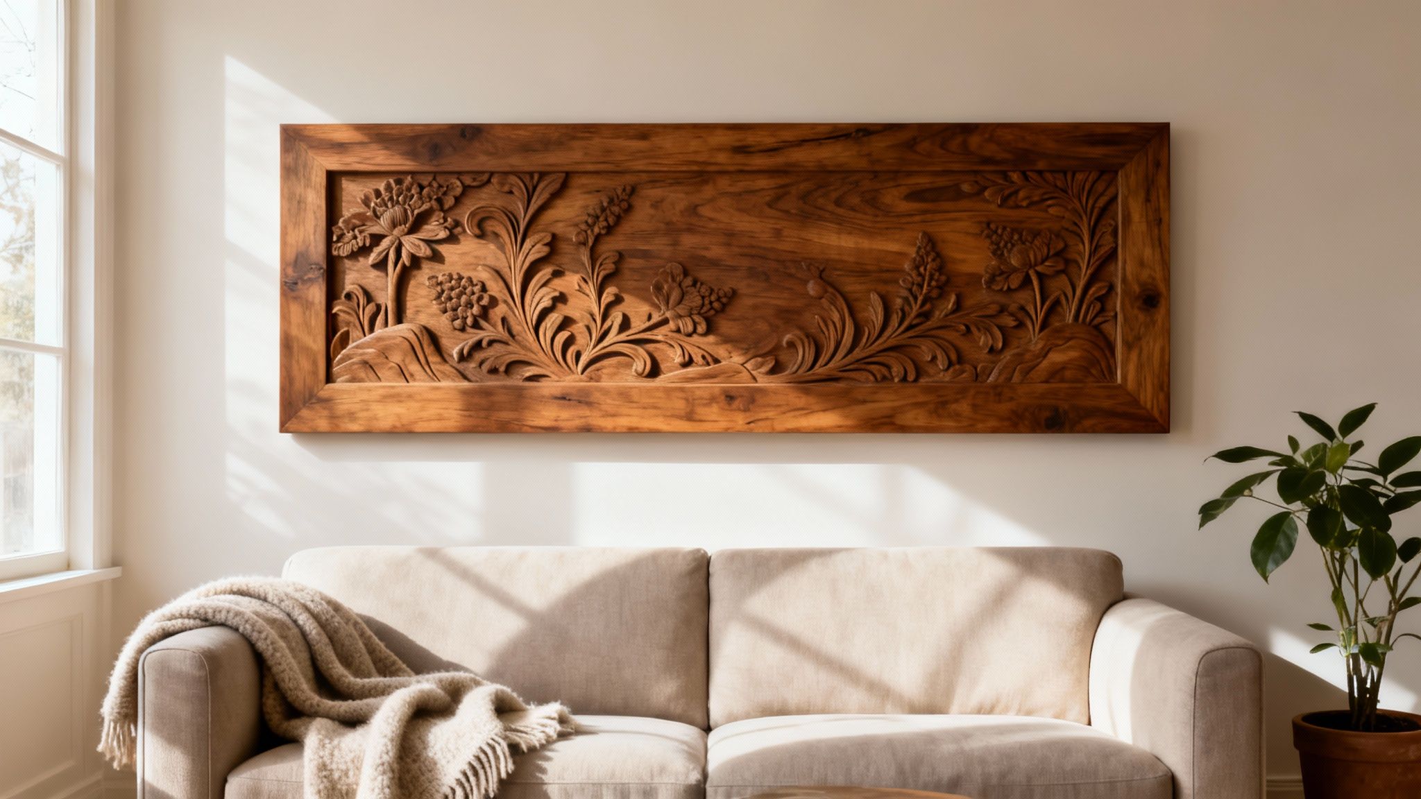 A large, intricately carved wooden wall art piece with floral motifs hangs above a beige sofa.