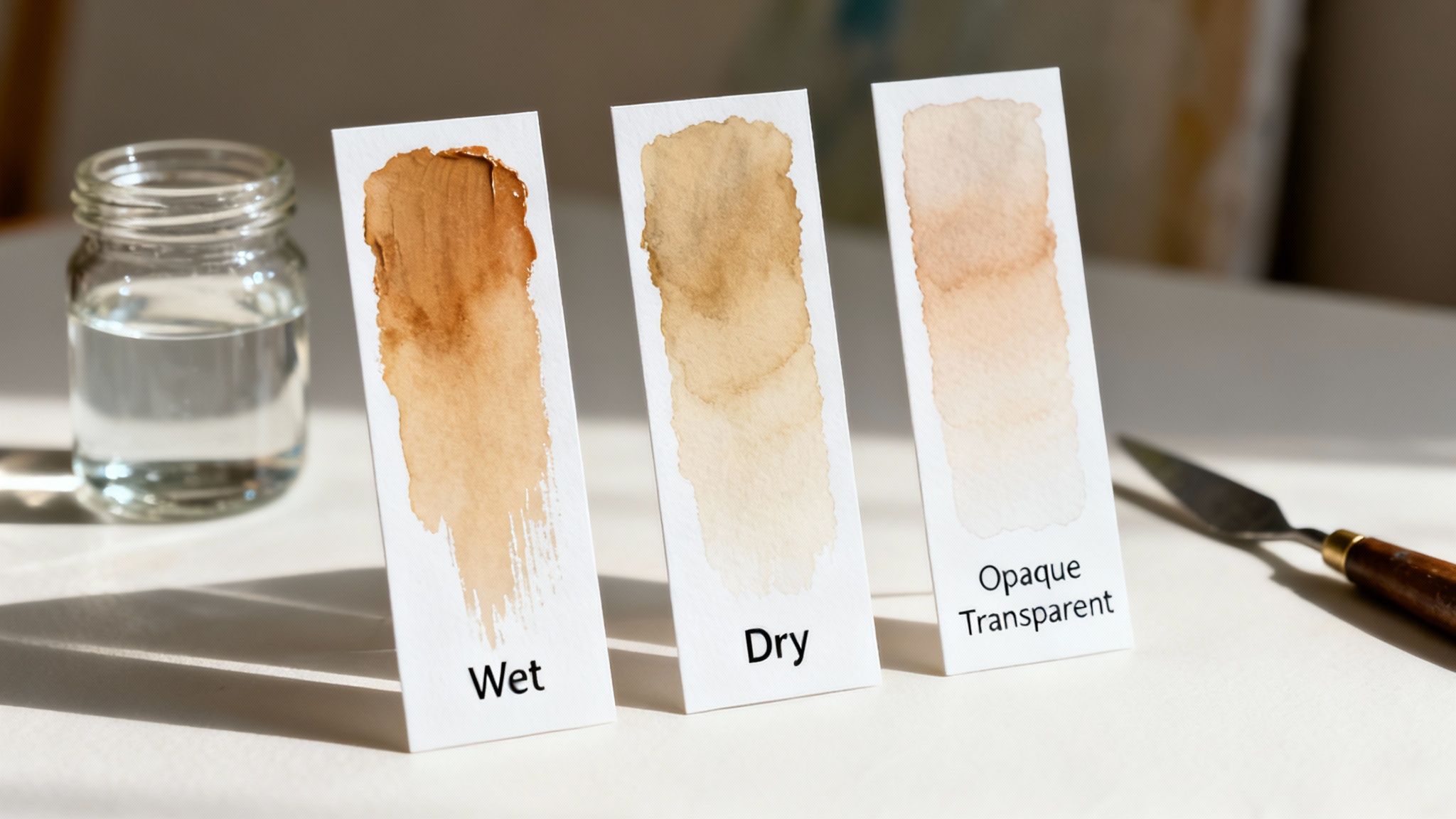 Three watercolor swatches demonstrating wet, dry, and transparent paint properties, alongside water and a palette knife.