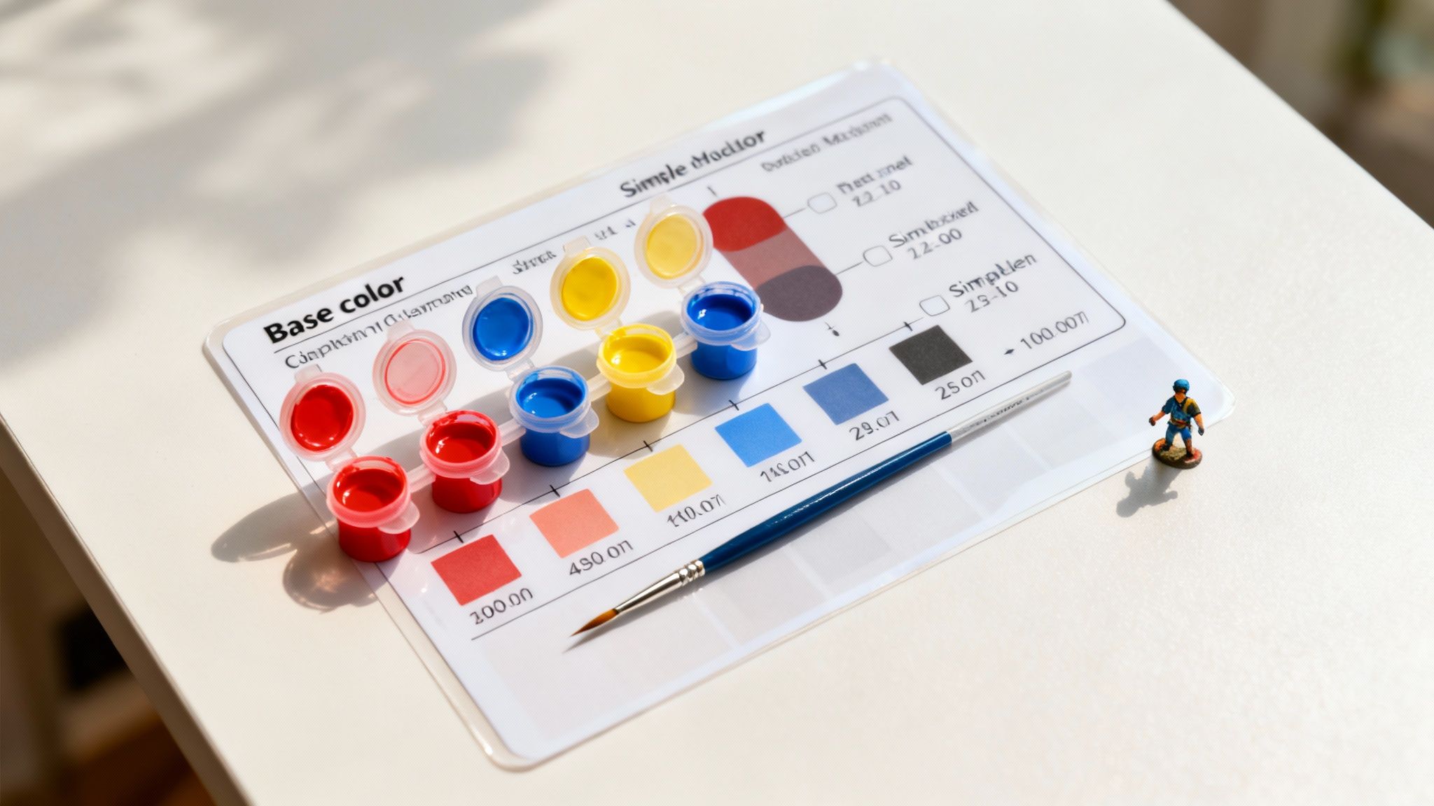 A detailed shot of a color mixing chart with red, yellow, and blue paints, a brush, and a miniature figure.