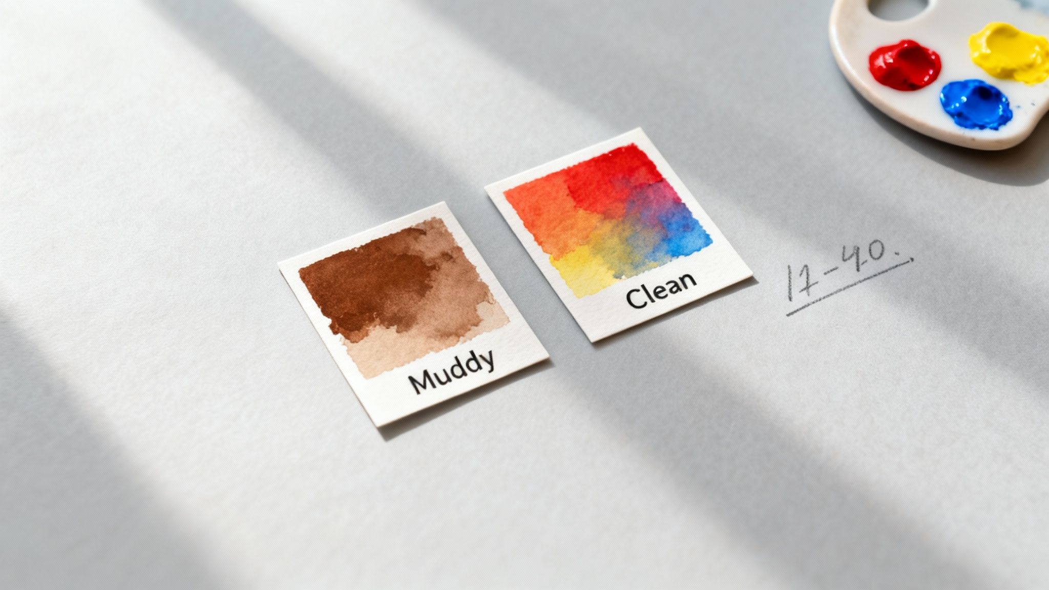 Two watercolor swatch cards display 'Muddy' brown and 'Clean' primary color mixing examples, with a palette.