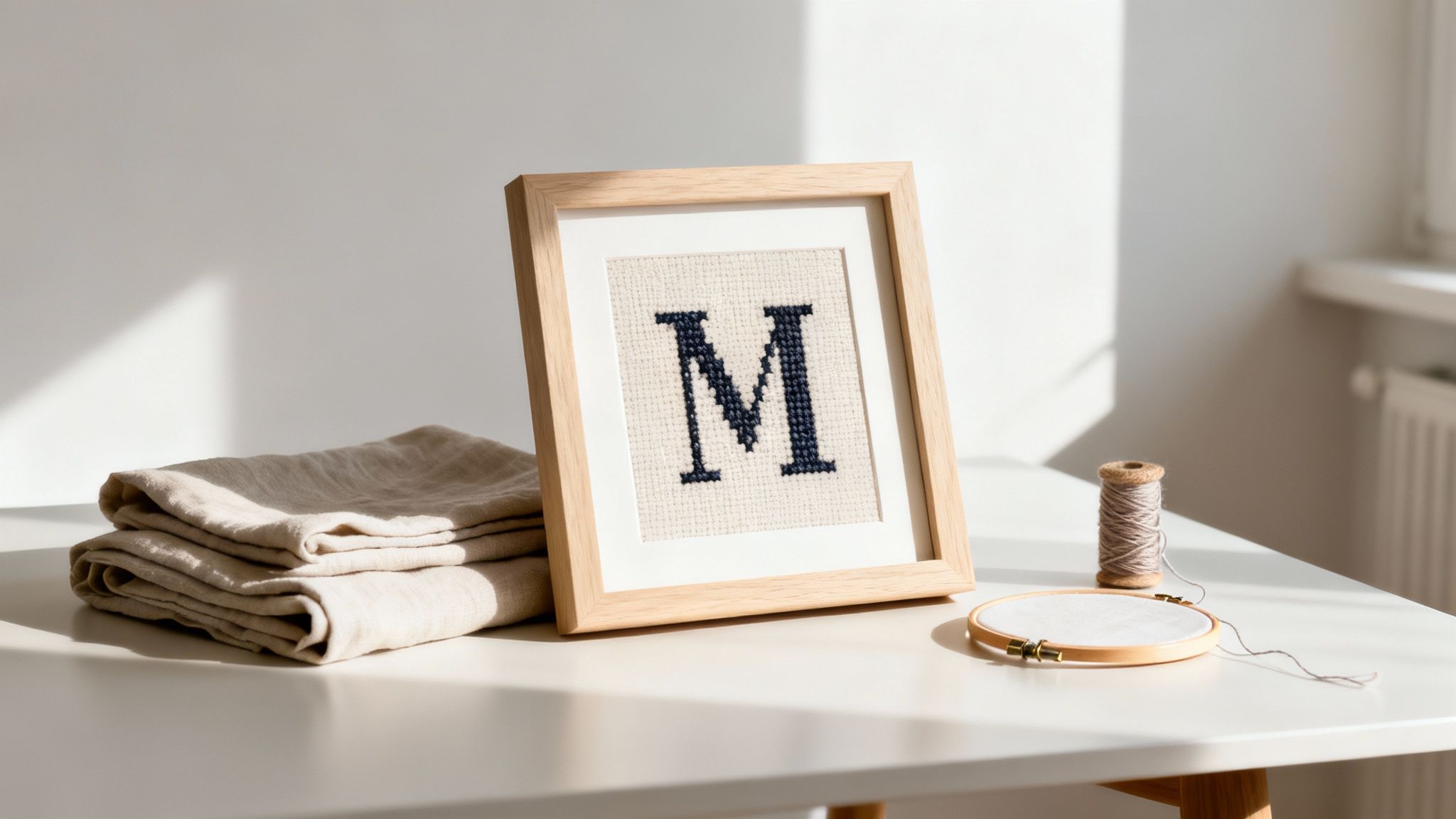 Framed cross-stitch letter 'M' sits on a table with folded linen fabric and crafting supplies.