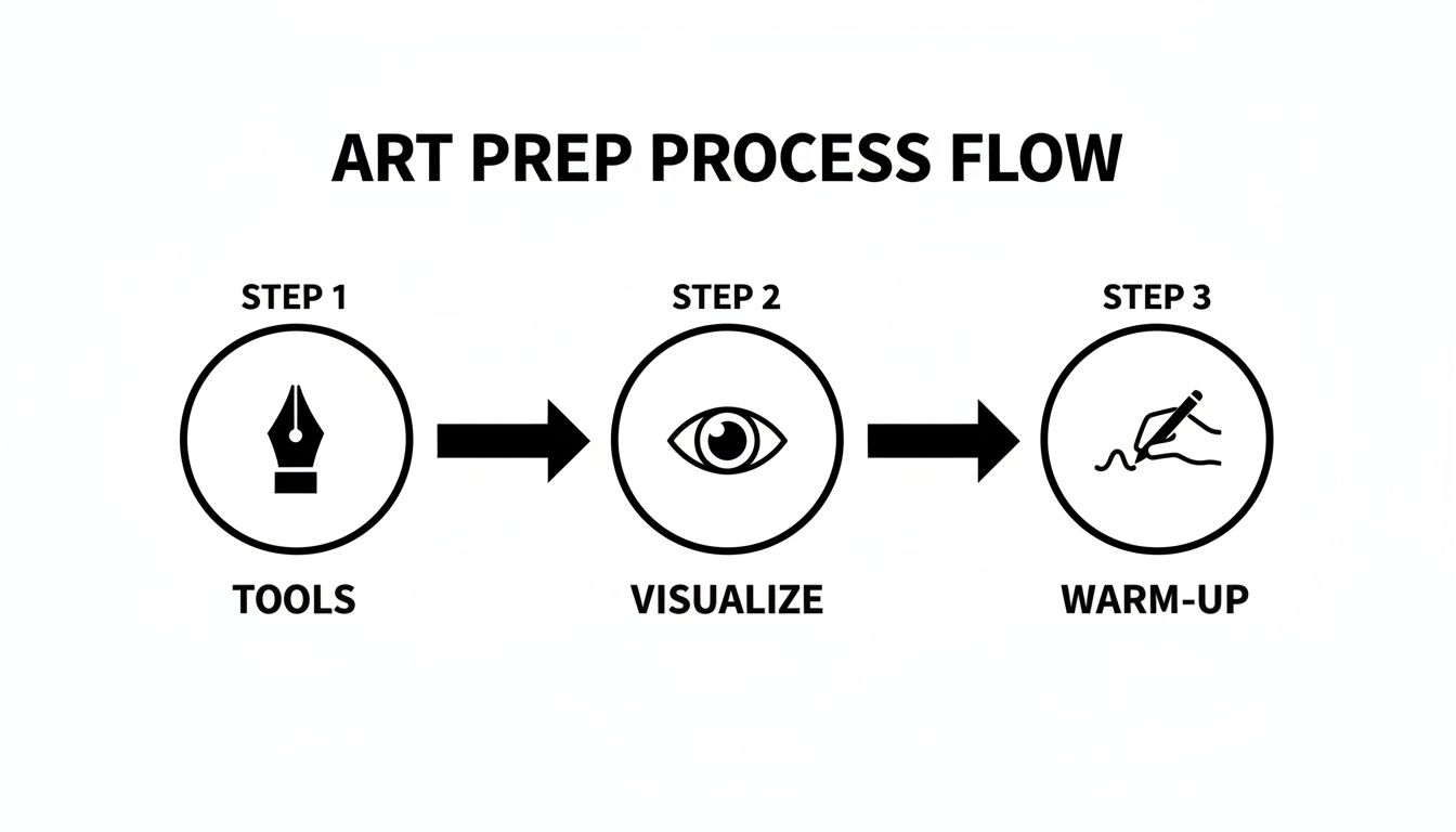 A three-step flow chart titled 'ART PREP PROCESS FLOW' showing Tools, Visualize, and Warm-Up.