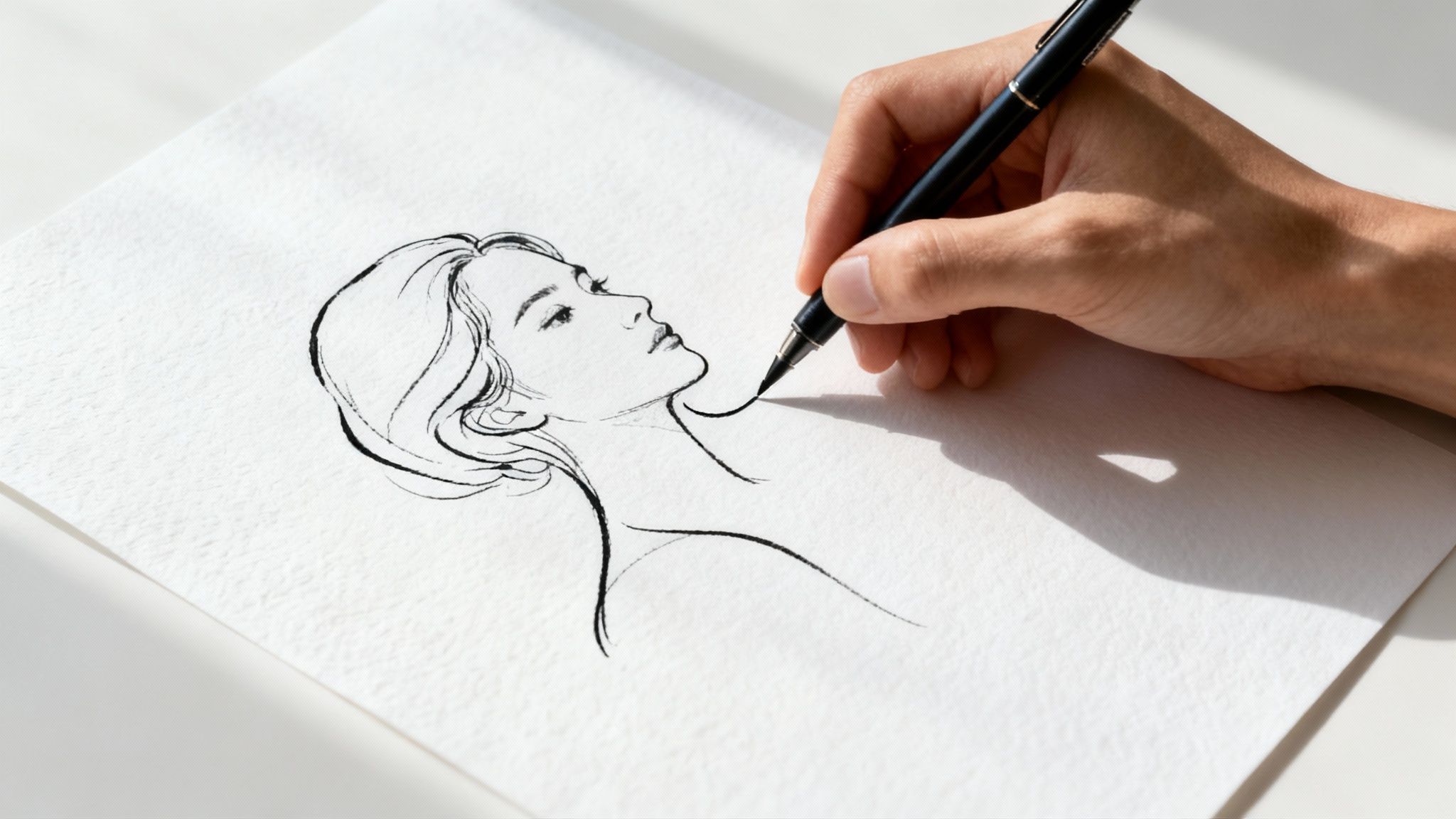 A person's hand drawing a minimalist profile of a woman's face with a black pen on white paper.