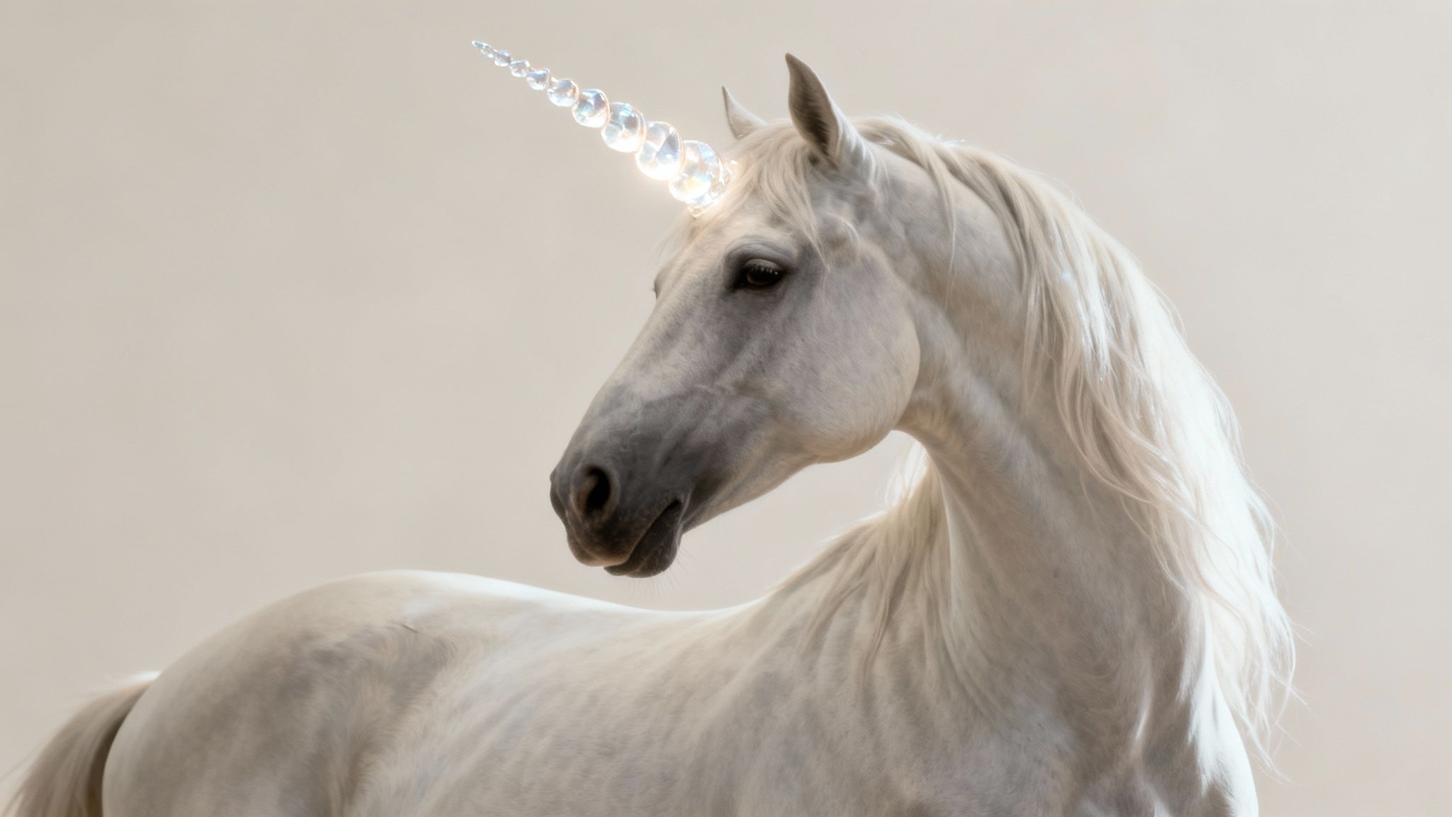 A majestic white unicorn with a sparkling, crystal horn stands against a light, plain background.