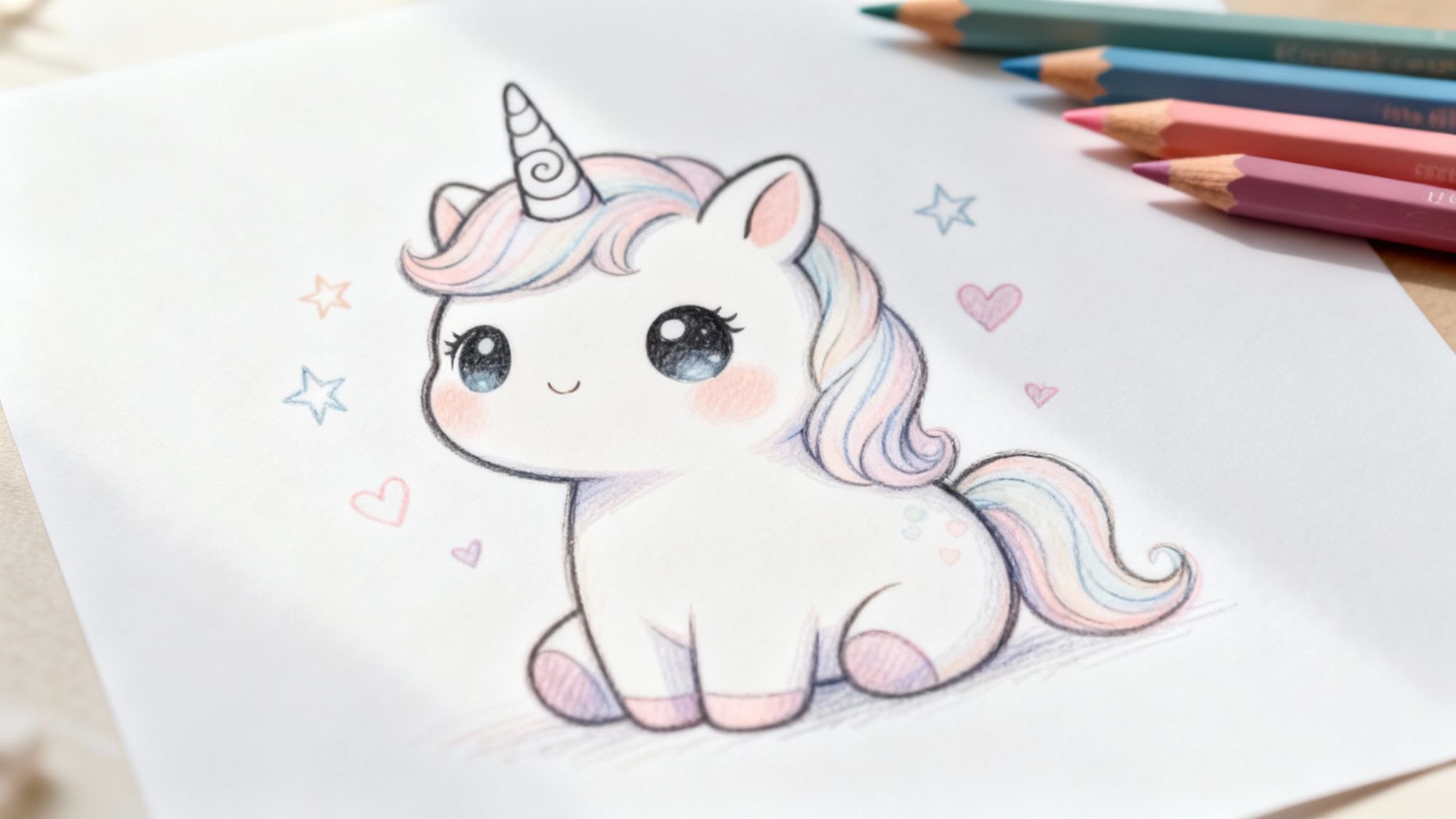 A cute, pastel unicorn drawing on white paper, surrounded by small hearts and stars, with colored pencils.