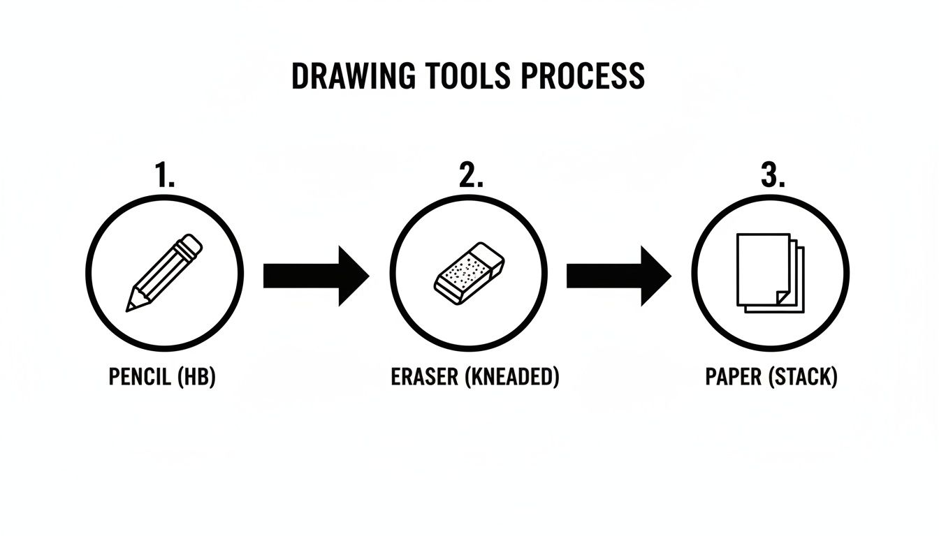Diagram showing the drawing tools process: 1. Pencil (HB), 2. Eraser (Kneaded), 3. Paper (Stack).