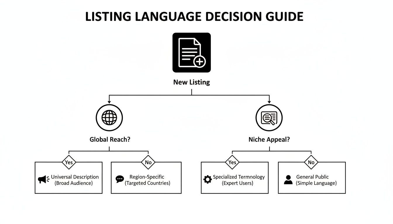 Flowchart guiding listing language decisions based on global reach or niche appeal, offering four description types.