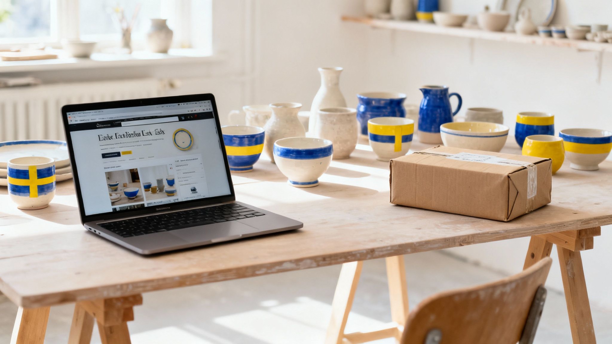 A laptop on a wooden table displays an online pottery shop, surrounded by handmade ceramic dishes and a package.