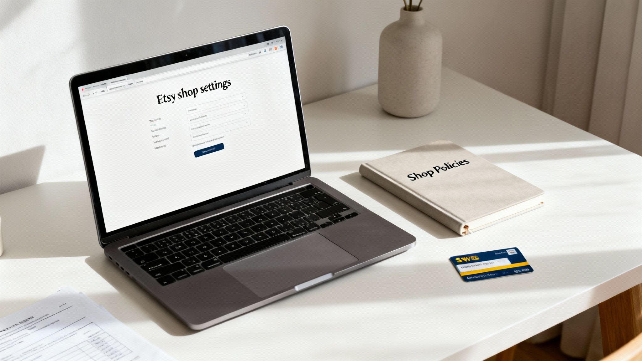 Laptop showing 'Etsy shop settings' with a 'Shop Policies' notebook and credit card on a white desk.