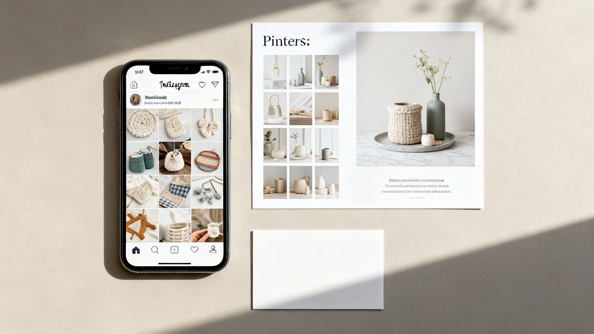 Flat lay of a smartphone showing Instagram, a 'Pinters' document, and a blank white card.
