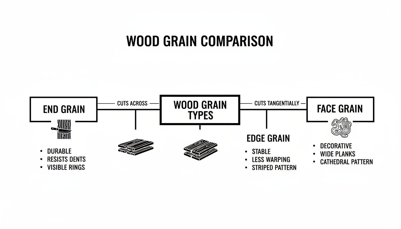 A wood grain comparison chart shows End Grain, Edge Grain, and Face Grain types with their characteristics.