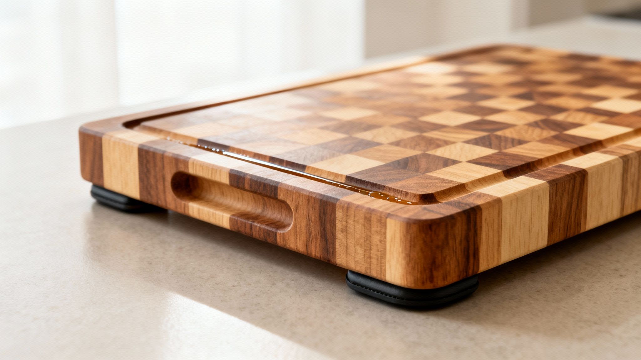 A beautiful checkerboard end-grain wooden cutting board with a juice groove and handles, resting on a light countertop.